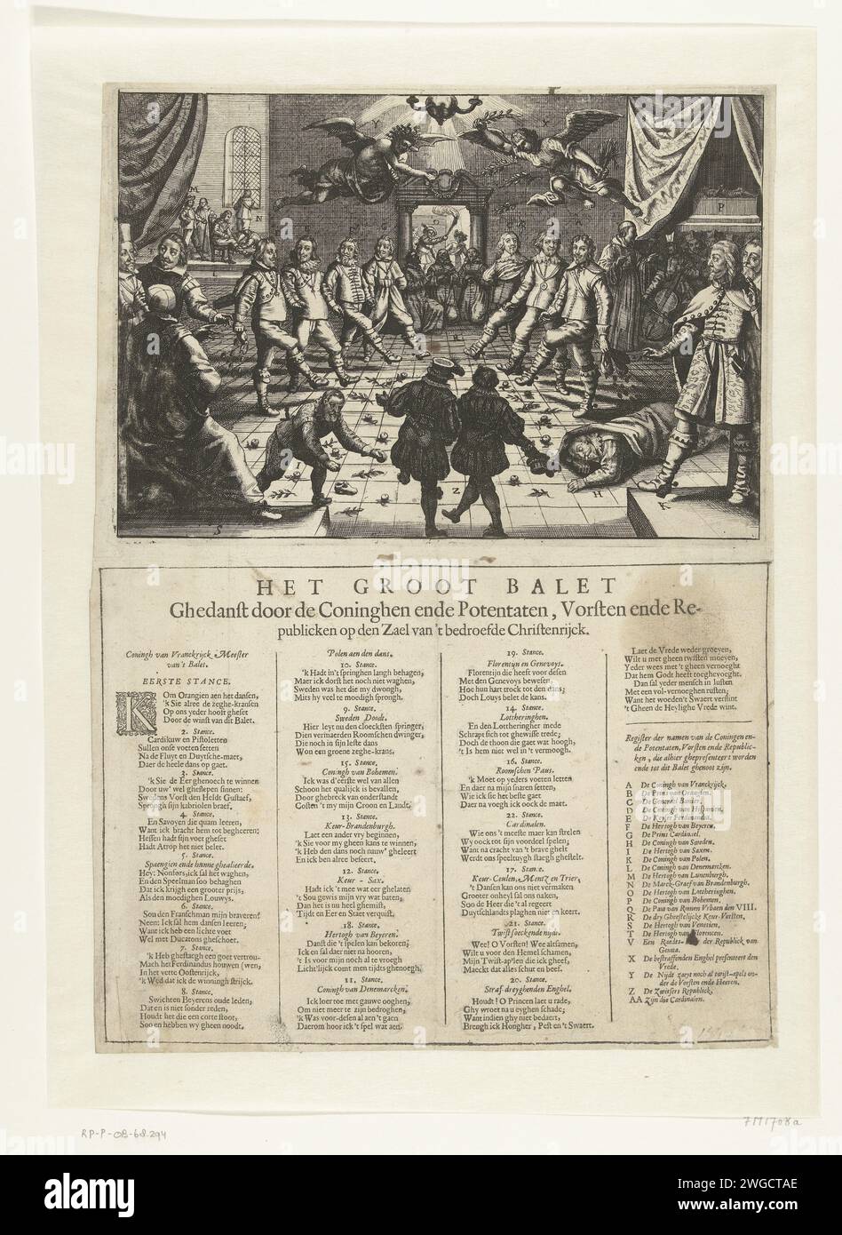 Cartoon über die Friedensverhandlungen mit Spanien, 1632, Anonym, 1632 Cartoon über die Friedensverhandlungen mit Spanien, 1632. Balzaal, in dem die europäischen Prinzen zusammen tanzen. Auf dem Boden sind Olivenzweige und Streitigkeiten, verstreut durch den Frieden und den Neid, der in der Luft fliegt. Rechts der französische König Ludwig XIII., Prinz Frederik Hendrik und der schwedische General Torstenson (Banier), links der spanische König Philipp IV., Kaiser Ferdinand II., der Herzog von Bayern und der Kardinal-Infant Ferdinand von Österreich. Im Vordergrund stehen die Herzöge von Venedig, Florenz und Genua sowie der König von Pola Stockfoto