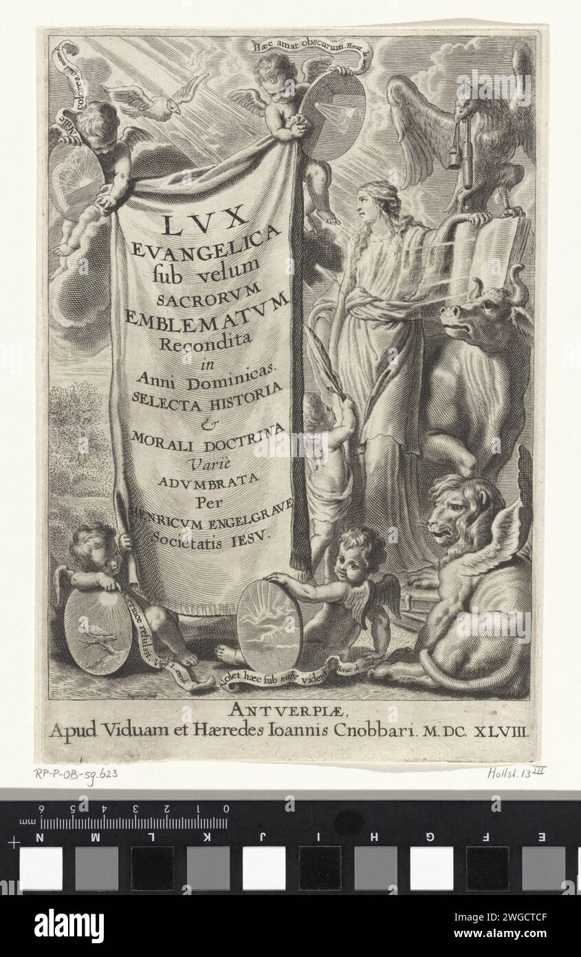 Allegorische Darstellung mit den Symbolen der vier Evangelisten, Hendrik Snyers, nach Jan Thomas, 1648 drucken vier Putti, jeweils mit einem Schild mit Emblem und Bedeutungszauber, halten ein Tuch, auf dem Titel und Autor des Buches aufgeführt sind. Daneben befindet sich Mattheus, der eine Bibel auf dem Rücken des Stiers hält (Symbol für Lukas). Auf der Bibel steht ein Adler (Symbol für Johannes). Im Vordergrund steht ein geflügelter Löwe (Symbol für Marcus). Unter dem Bild die Impressum. Antwerpener Papier mit den vier Symbolen der Evangelisten, „die apokalyptischen Bestien“. Cupiden: 'amores', 'amoretti', 'Putti'. Das B Stockfoto