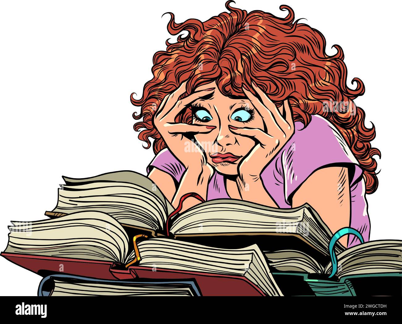 Eine schwierige Sitzung quält die Schülerin und ihre Gesundheit. Eine Frau unter einer riesigen Anzahl von Büchern. Buchhandlung mit einer riesigen Auswahl. Comic-Comic-Pop-Art Stock Vektor