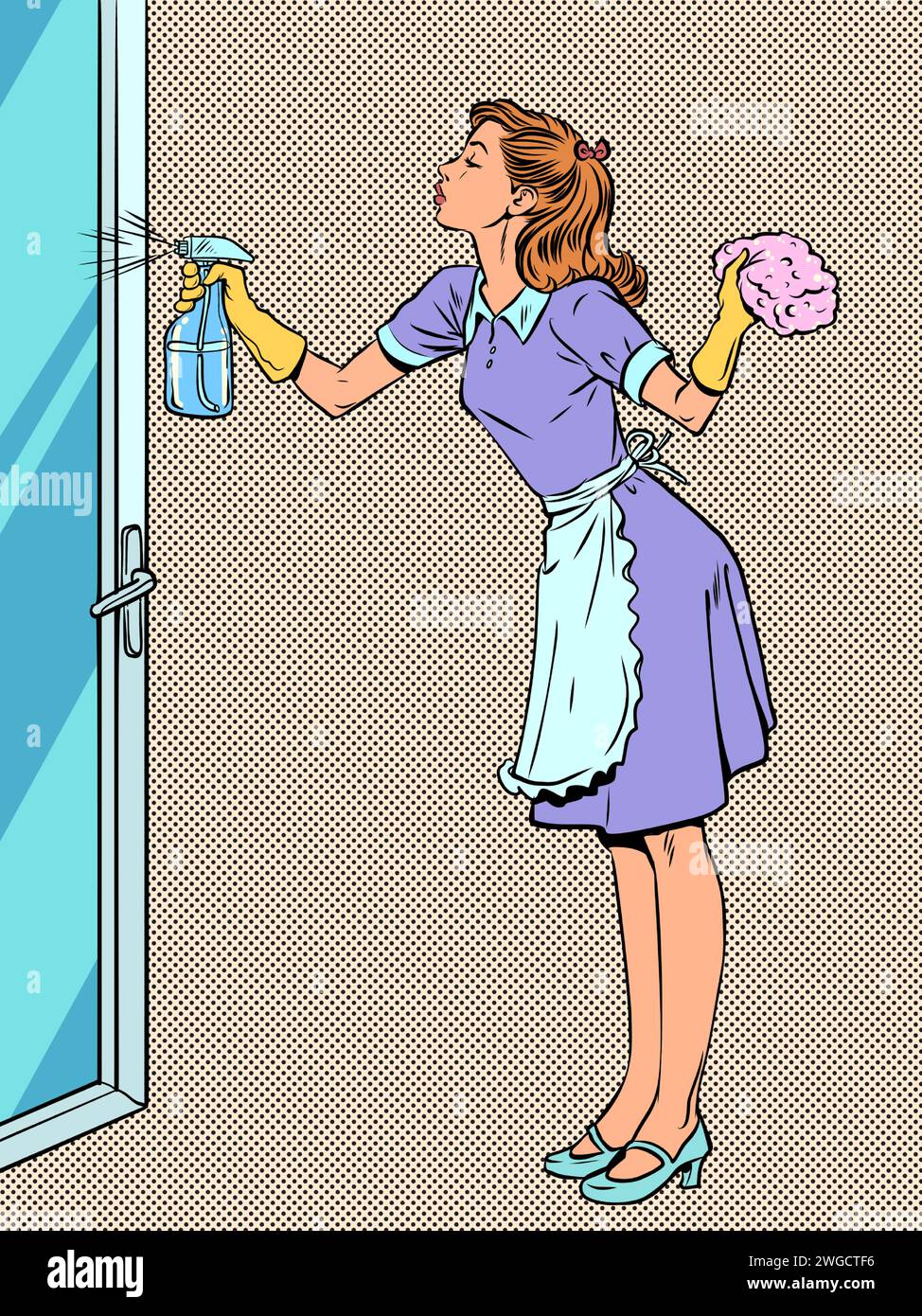 Reinigungsservice für die Reinigung Ihres Hauses. Die verantwortliche Hausfrau reinigt das Haus. Ein Mädchen in Uniform wäscht eine Glastür. Comic-Comic-Pop-Art-Rev Stock Vektor
