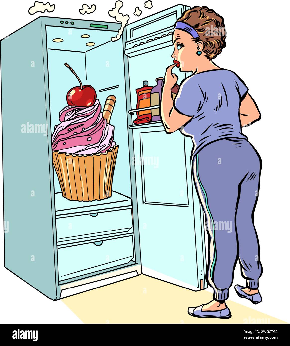Versuche, die Abstoßung gegen Zucker einzudämmen. Das Mädchen öffnete den Kühlschrank, um ein köstliches Dessert zu essen. Frische und köstliche Kuchen und Gebäck Feinkost Stock Vektor