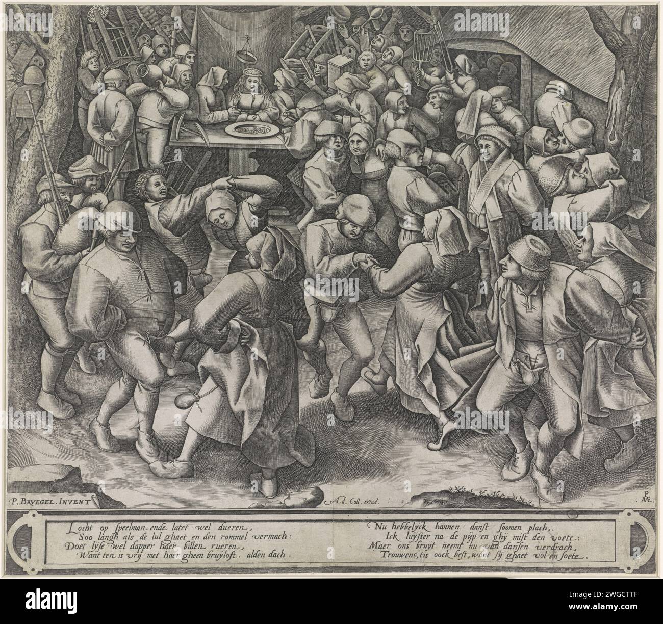 Tanz auf Boeren's Hochzeit, Pieter van der Heyden, nach Pieter Bruegel (I), 1580 - 1618 Druck verschiedene Tanzpaare auf eine Bauernhochzeit. Im Hintergrund sitzt die Braut hinter einer Schüssel mit Münzen. Gäste bringen Geschenke und Geld mit. Zwei vierzeilige Strophen in Niederländisch unter dem Auftritt auf der Cartouche. Antwerpener Papierstich tanzen beim Hochzeitsfest. Landwirte. Geschenke bringen; Geschenke austauschen. Steppsteg (Abdeckung für die Genitalien) Stockfoto