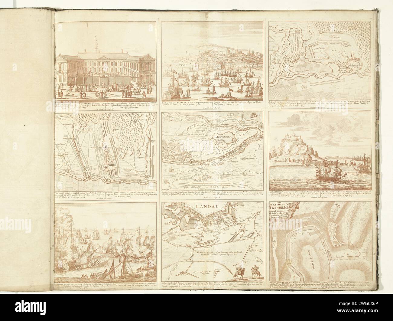 Schouwburg van den war (Magazin V), 1704, 1709 - 1710 Print Leaf mit neun Aufführungen von Ereignissen aus dem Jahr 1704 des Spanischen Erbfolgekrieges und Karten verstärkter Städte. Zeitschrift V in: Schouwburg van den war (Ausgabe 1709), das Druckwerk mit der gebündelten Serie von 18 Schallplatten über den Spanischen Erbfolgekrieg. Amsterdamer Papierätzkampf (+ Marinestreitkräfte). Stadtpläne. Festung den Haag. Lissabon. Donauwörth. Höchstädt an der Donau. Augsburg. Gibraltar. Landau in der Pfalz Stockfoto