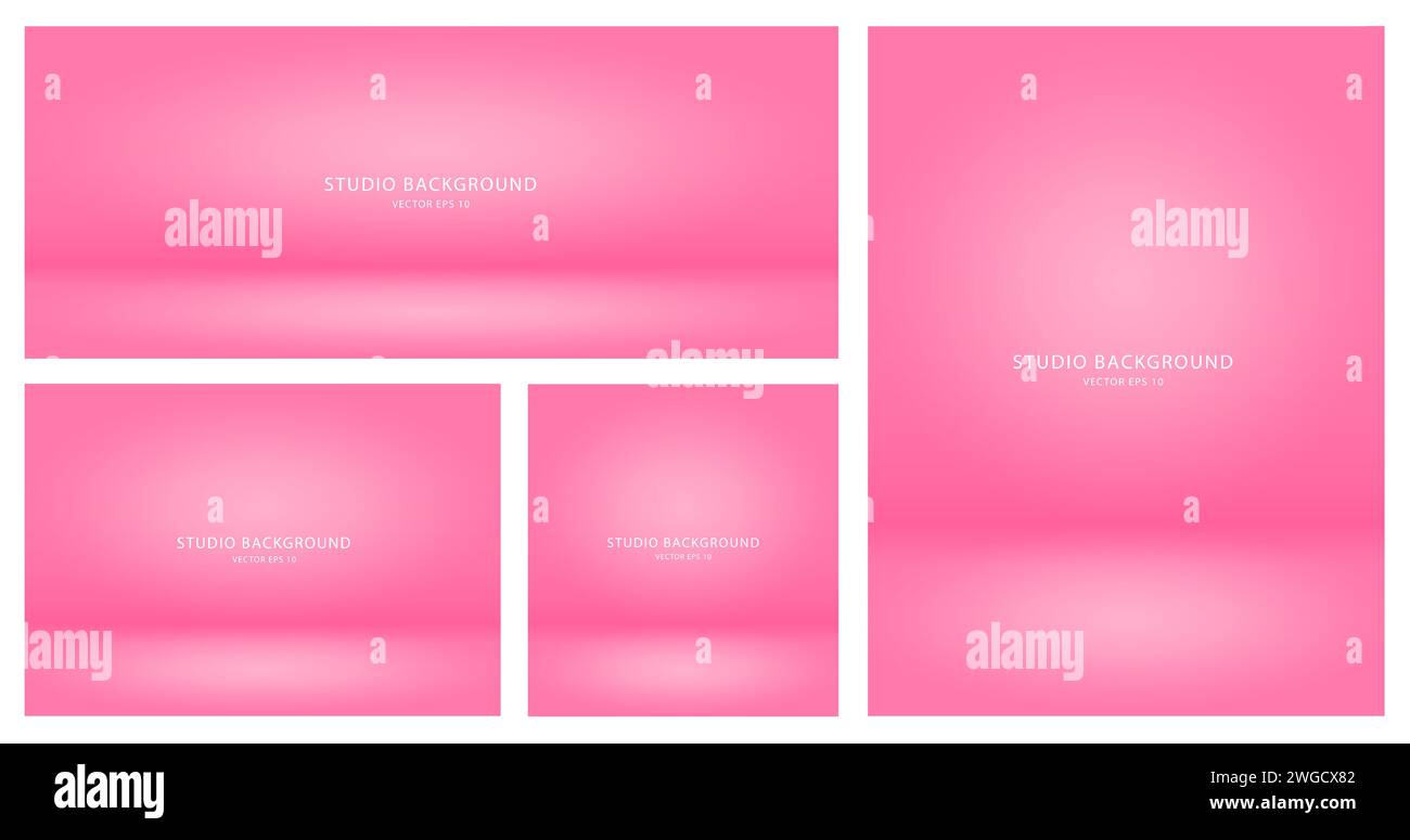 Ein Satz rosafarbener Studiohintergründe. Eine Sammlung leerer Studioräume für ein Fotoshooting oder eine Präsentation. Stock Vektor