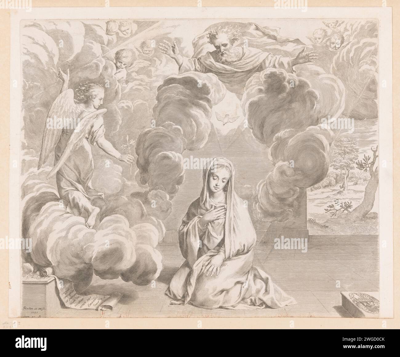 Annunciatie, Claude Melan, 1666 Druck Frankreich Papier mit der Verkündigung: Maria, die normalerweise liest, wird vom Engel besucht (manchmal hört eine Frau das Gespräch) Stockfoto