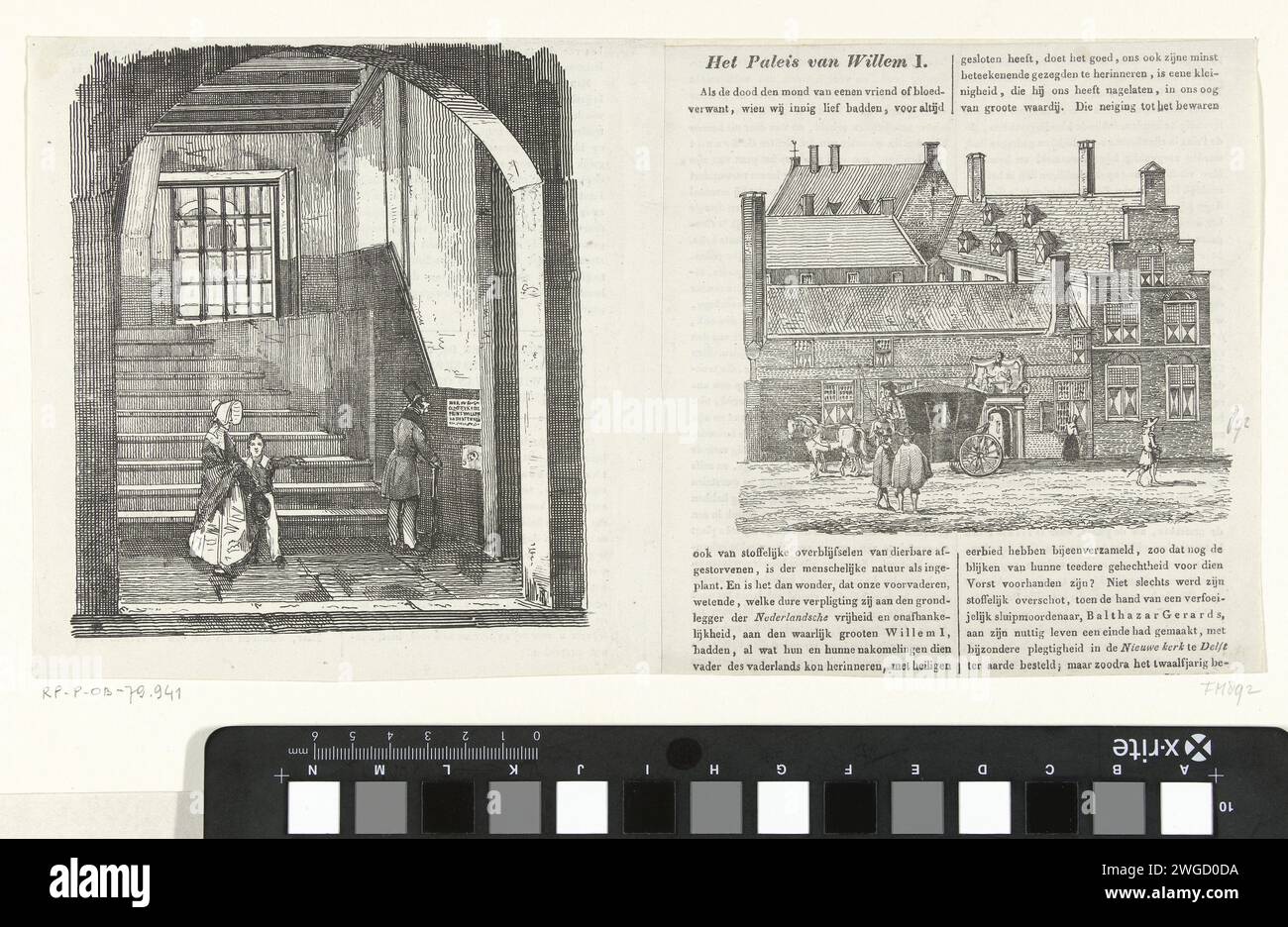 Falle, wo Willem van Oranje ermordet wurde und Eingang zum Prinsenhof, 1830–1850 drucken die Treppe im Prinsenhof in Delft, wo Willem van Oranje am 10. Juli 1584 von Balthasar Gerards ermordet wurde. Ein Mann liest das Textfeld, eine Frau mit einem Jungen kommt die Treppe runter. Eine Kutsche parkt vor dem Eingang zum Prinsenhof, wie die ca. 1840 dargestellt ist. Beide Bilder befinden sich in einem artikel im Hollandsch Penning-Magazin für die Jugend, der auch einen separaten Spaltentext enthält. Niederlande Papiertourismus Prinsenhof Stockfoto