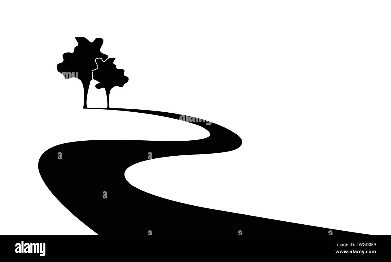 Straße und Bäume Logo Design, gewundene Straße Symbol und Landschaft Zeichen, Vektorsymbol in flacher Art isoliert auf weißem Hintergrund und Kopierraum Stock Vektor