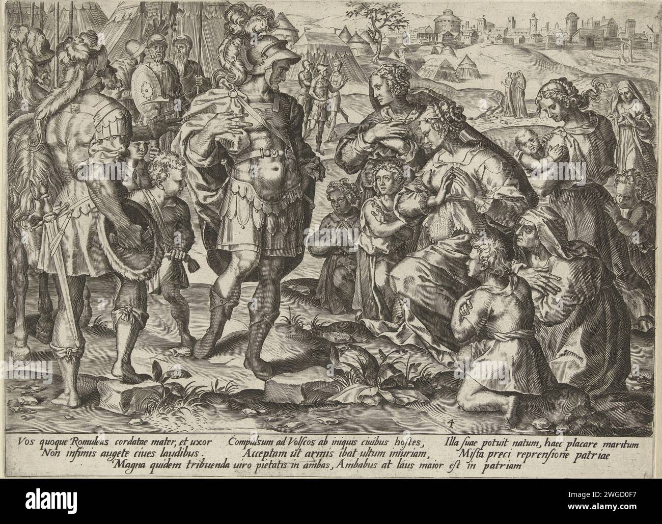 Grüße von Romulus, Pieter Jalhea Furnius, nach Jan van der Straet, 1573 Druck Romulus, der Gründer von Rom, wird in einem Zeltlager von Figuren begrüßt, die für ihn knieten. Am Rand unter der Show befindet sich ein lateinischer Text, der rechts unten nummeriert ist: 4. Der Druck ist Teil einer Druckserie, die Ereignisse aus der römischen Geschichte darstellt. Papierstich (Geschichte von Romulus und Remus) Stockfoto