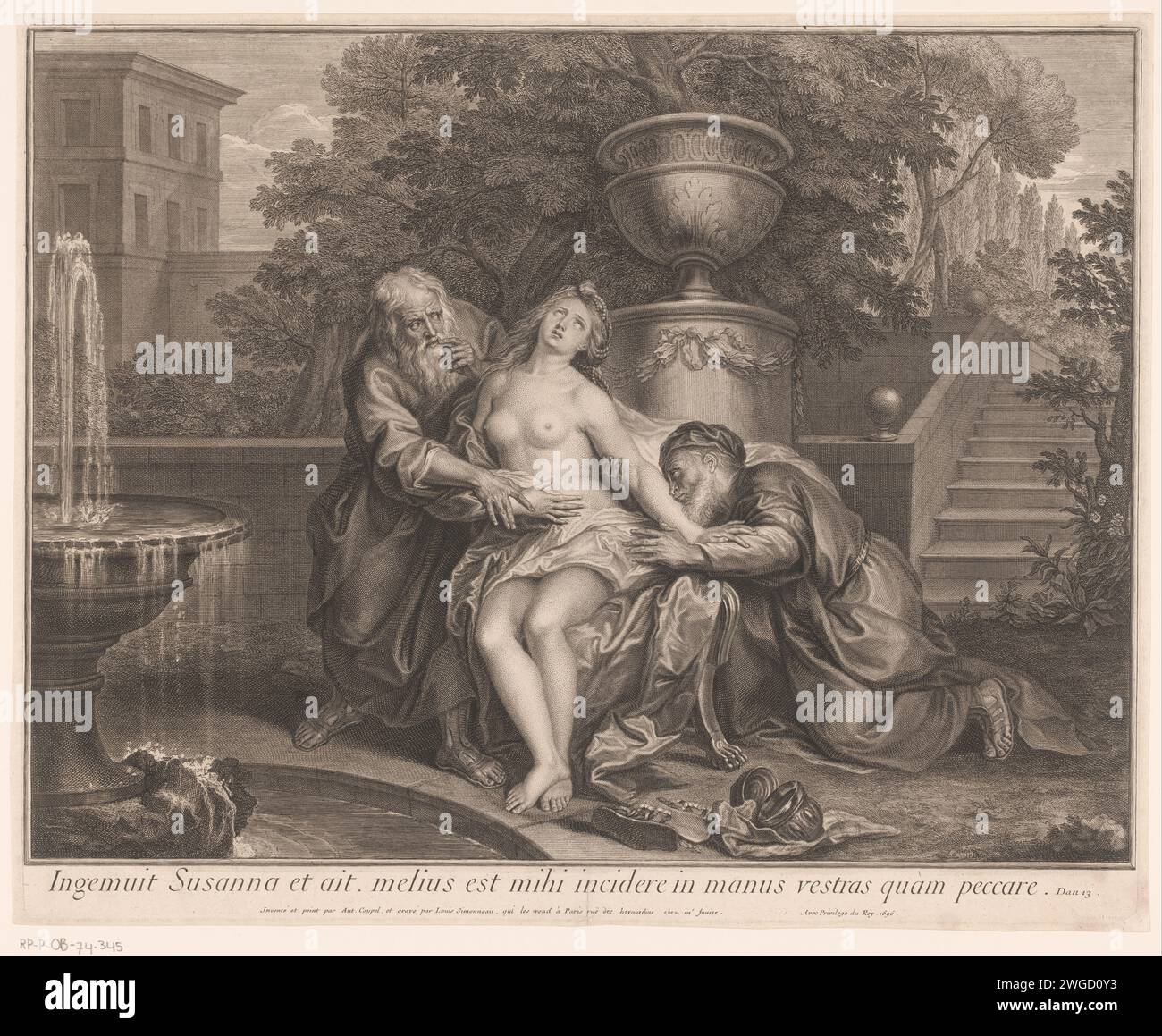 Susanna und die Ältesten, Louis Simonneau, nach Antoine Coypel, 1696 Druck Frankreich Papiergravur / Ätzung der Ältesten, die auf Susanna vorstoßen Stockfoto
