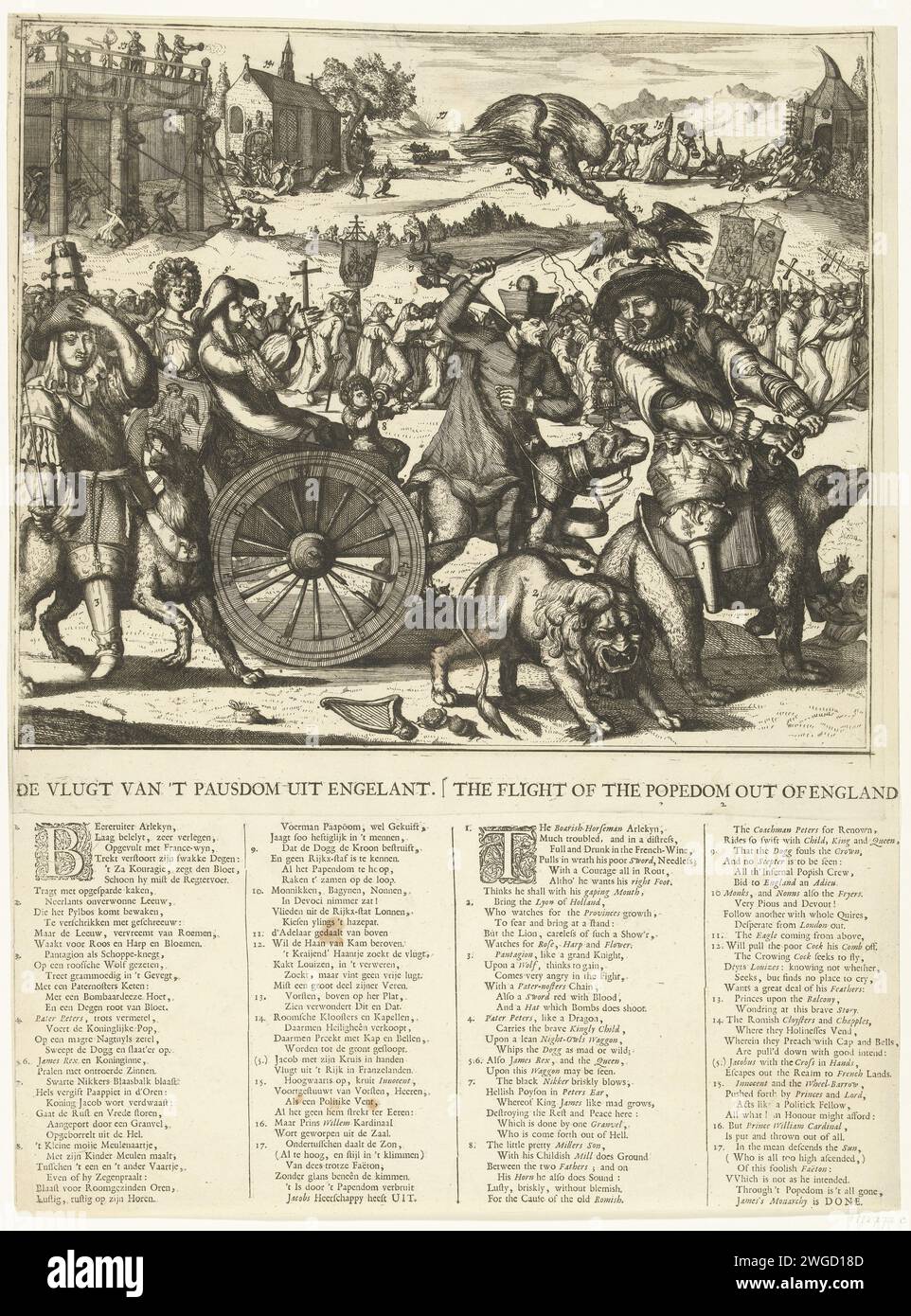 Die Flucht des Papsttums aus England, 1689, 1689 die Flucht des Papsttums aus England, 1689. Cartoon über Jacobus II., Ludwig XIV. Und den Dauphin. Der englische König Jacobus II. Flieht mit seiner Frau Maria von Modena und dem armen Kind, das von einem Hund auf einem Auto gezogen und von Pater Peters (Edward Petre) gefahren wird. Rechts auf einem Bären Lodewijk XIV. (Harlekijn), der das Schwert gegen den niederländischen Löwen ziehen will. Links der Dauphin auf einem Wolf. Unter der Show 2 Strophen mit jeweils 2 Spalten mit einer Aussage der Zahlen 1-17 in Niederländisch und in Englisch. Nordholland Papierätzung / Buchdruck politisch Stockfoto