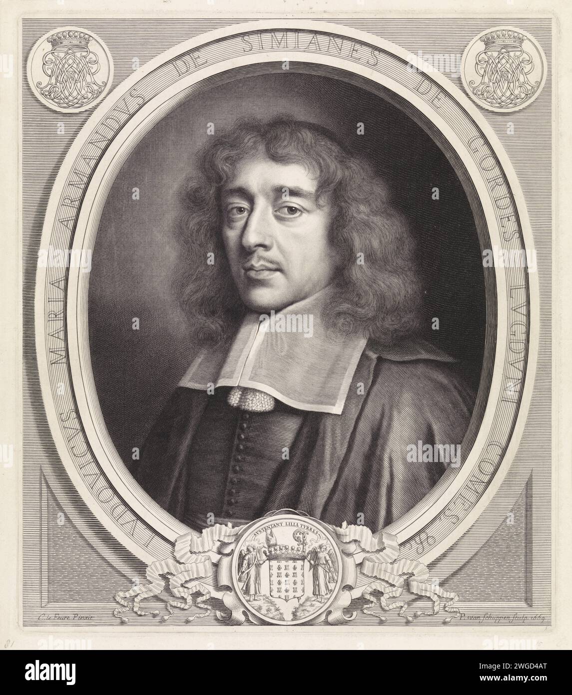 Porträt des Priesters Louis-Marie-Armand de Simianes de Gordes, Pieter van Schuppen, nach Claude Lefèbvre, 1669 Druck Paris Papierstich / Radierung Stockfoto