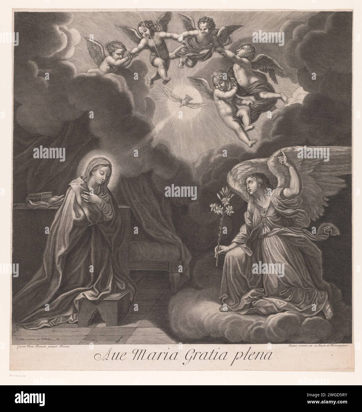 Annunciatie, Anonym, nach Guido Reni, 1683 - 1710 Druckerei: Franziskus Malerei von: Romepublisher: ParisFrance Papier Gravur der Verkündigung: Maria, meist liest, wird vom Engel besucht (manchmal hört eine Frau das Gespräch) Stockfoto