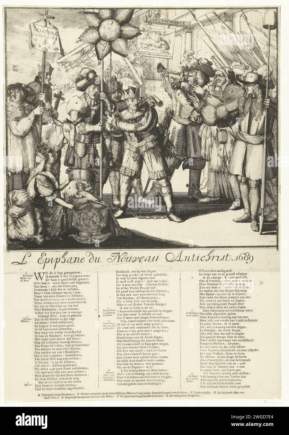 Cartoon on the Fall of Jacobus II. And his flight to France, 1689, 1689 print Cartoon on the Fall of Jacobus II. And his flight to France on the 6. Januar 1689 (drei Könige). Jakobus II., Ludwig XIV. Und der Dauphin singen auf drei Königen für den Papst, Kaiser Leopold I. und Wilhelm III. Links auch Königin Maria von Modena mit dem armen Kind, dem Kardinal und Pater Peters (Edward Petre) auf einem Esel. Unter der Abbildung ist ein Vers in 3 Spalten mit einer Aussage der Zahlen 1-8 in Niederländisch gezeigt. Am Ende einer Aussage mit den Buchstaben A-G. Nordholland Papierätzung / Gravur / Buchdruck TW Stockfoto