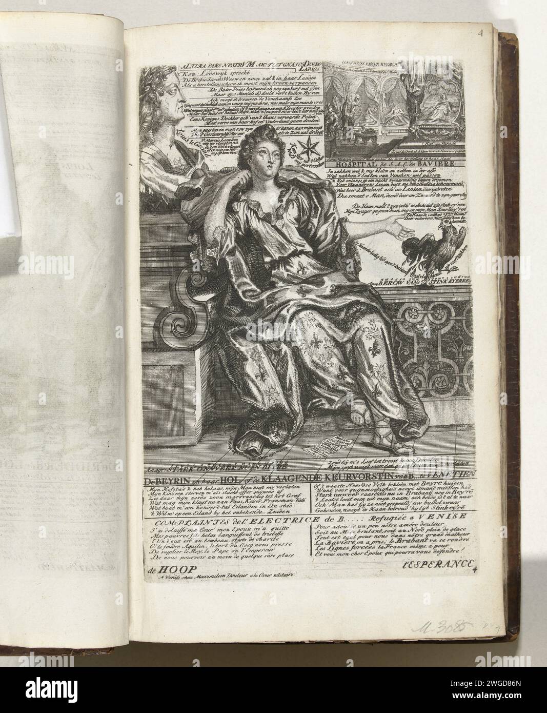 Beschwerde des Kurfürsten von Bayern, 1705, 1706 Druckbeschwerde von Theresia Kunigunde Sobieska, Kurfürst von Bayern (die Ehefrau von Maximilian II. Emanuel, Kurfürst von Bayern), 1705. Auf der linken Seite eine große Büste von König Ludwig XIV Mit Versen in Niederländisch und Französisch im Album. Drucknr 4 (de Hoop-L'Esperance) in der Serie von 7 Druckgraphiken in der Koninkyke Almanach von 1705 in der unter dem Sammlungstitel 't Lust-Hof von Momus erschienenen Druckschrift mit der gebündelten Zeichentrickserie während der Jahre 1701-1713 aus dem Spanischen Erbfolgekrieg. Druckerei: Nord-Niederlande Spublisher: Amsterdam Papier e Stockfoto