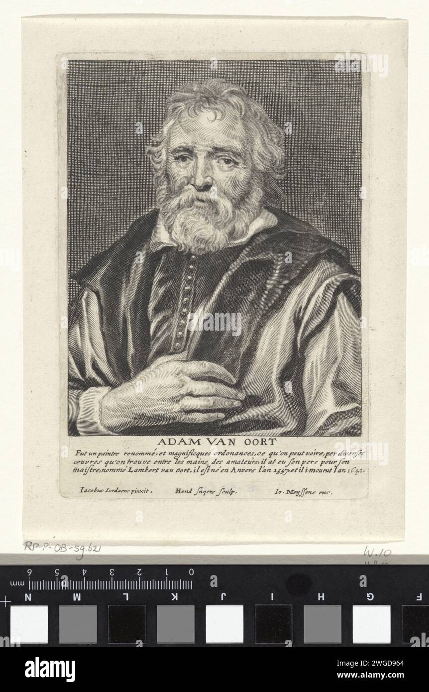 Porträt von Adam van Noort, Hendrik Snyers, nach Jacques Jordaens, 1640–1661 Druck Selbstporträt des Malers Adam van Noort. Unter dem Porträt sein Name und eine kurze Erklärung seines Oeuvres und seines Geburts- und Todesjahres. Antwerpener Papierstich Porträt, Selbstporträt des Malers Stockfoto