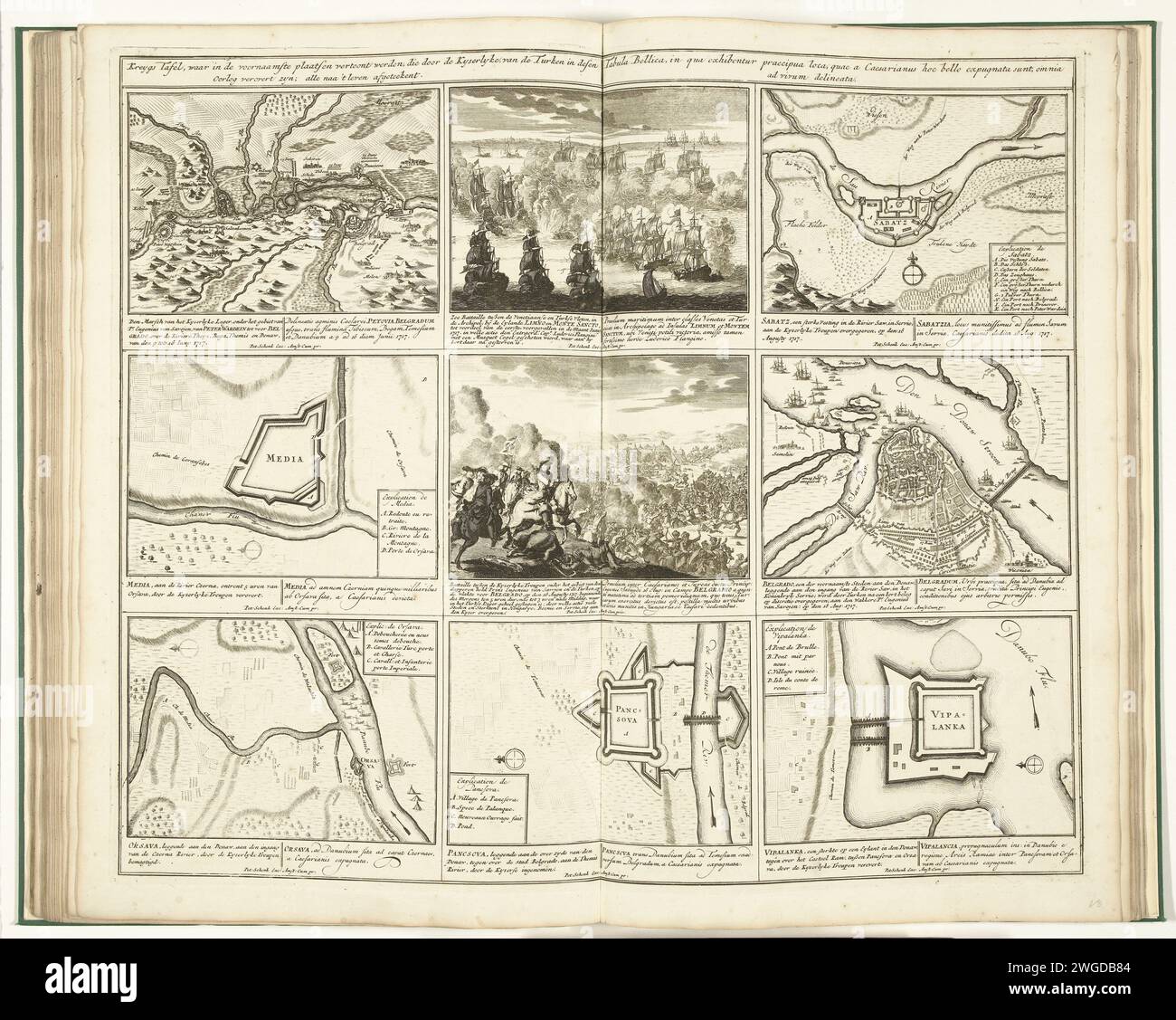 Schouwburg van den war (Seite XVIII), 1717, 1720 – 1722 Blatt mit neun Aufführungen von Ereignissen aus dem Jahr 1717 im Krieg gegen die Türken (1716–1718) inklusive einiger Karten. Seite XVIII in: Schouwburg van den war (Ausgabe 1720), das Druckwerk mit der gebündelten Serie von 31 Platten über den Spanischen Erbfolgekrieg. Amsterdamer Papierätzkampf (+ Marinestreitkräfte). Kampf (+ Landstreitkräfte). Karten von verschiedenen Ländern oder Regionen. Stadtpläne. Festung Belgrado. Donau Stockfoto