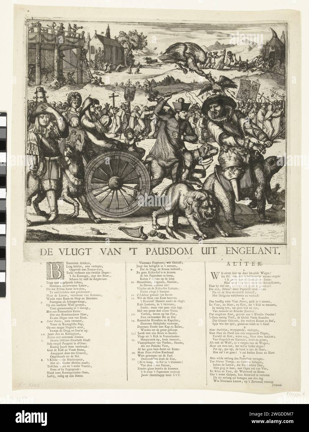 Die Flucht des Papsttums aus England, 1689, 1689 die Flucht des Papsttums aus England, 1689. Cartoon über Jacobus II., Ludwig XIV. Und den Dauphin. Der englische König Jacobus II. Flieht mit seiner Frau Maria von Modena und dem armen Kind, das von einem Hund auf einem Auto gezogen und von Pater Peters (Edward Petre) gefahren wird. Rechts auf einem Bären Lodewijk XIV. (Harlekijn), der das Schwert gegen den niederländischen Löwen ziehen will. Links der Dauphin auf einem Wolf. Unter der Show 2 Strophen in 3 Spalten mit einer Aussage der Zahlen 1-17 in Niederländisch. Das neue Recht unterschrieben mit: Veremos. Nördliche Niederlande Papierätzung/Letterpress Stockfoto