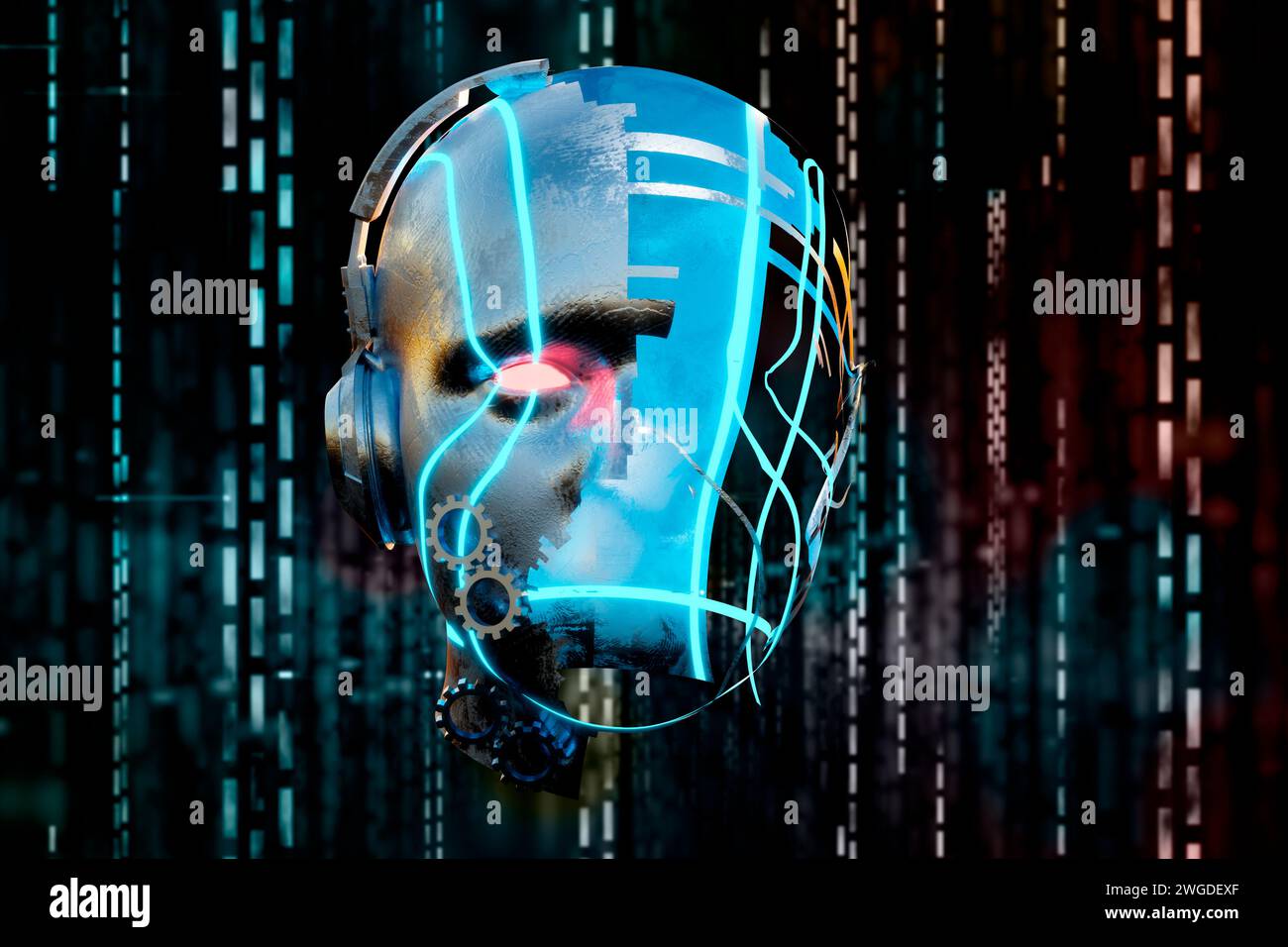 Stück Metallica Kopf Roboter Struktur Kopf Cyberpunk Stil mit einigen Drähten Neon futuristische Technologie Science Fiction programmiert durch menschlichen Intellekt Stockfoto