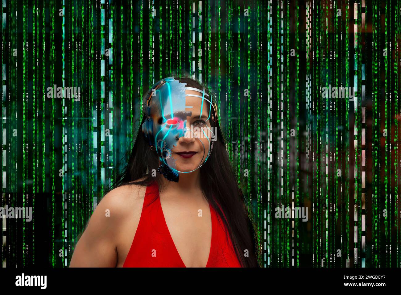 Metallstruktur in humanoiden Halbrobotern, umgeben von Buchstaben, die in einer Cyberpunk-Umgebung mit binärem Code fallen Stockfoto