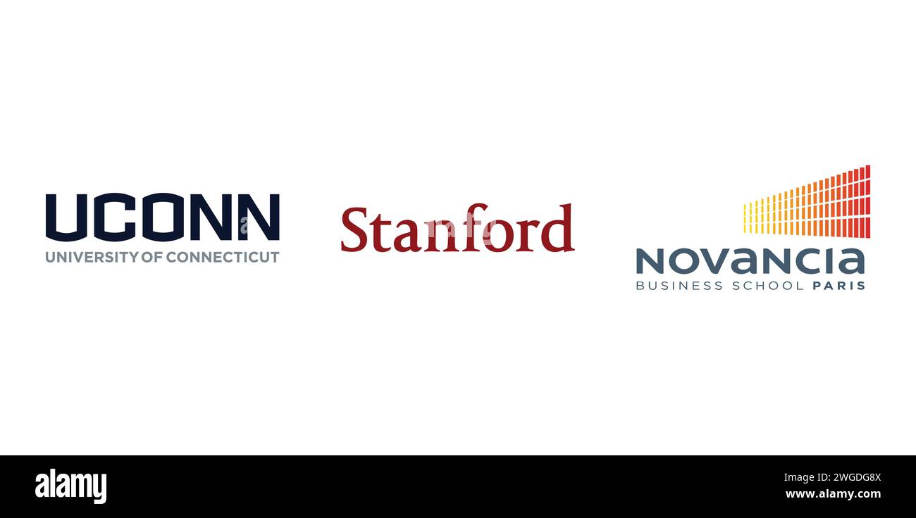 Stanford, Novancia Business School, University of Connecticut. Markenemblem der Redaktion. Stock Vektor