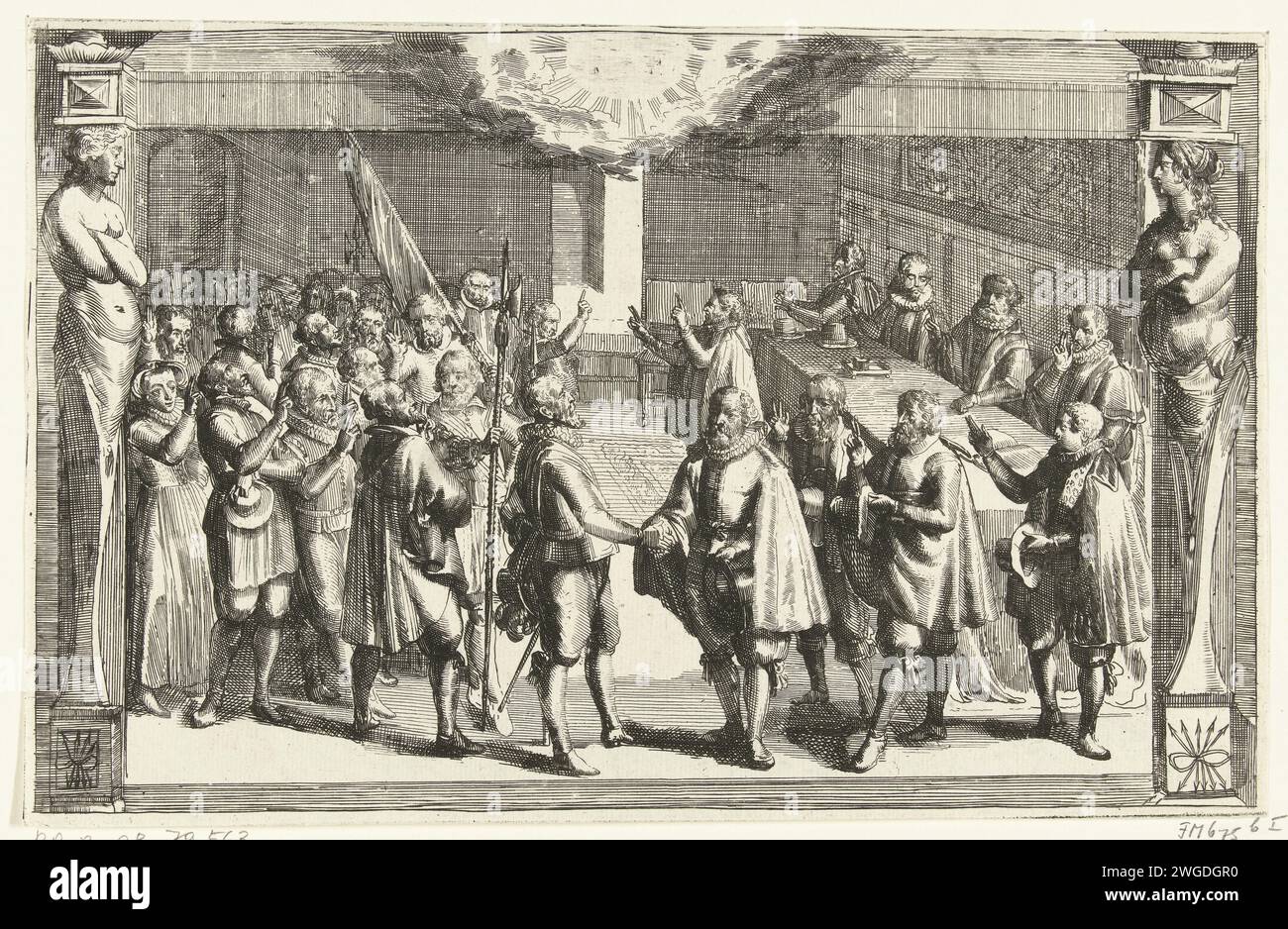 Den Eid der Treue ablegen, 1574, 1614 - 1699 Ablegen des Eid der Treue während der Belagerung von Leiden, 1574. Innenraum mit einer Gruppe leidener Männer und Frauen, die treu auf den Prinzen von Orange schwören. Eine Wolke oben. In einem Gestell mit Hermen auf beiden Seiten. Nordholland Papierätzung / Gravur schwören einen Eid (mit zwei gehoben Fingern) Stockfoto