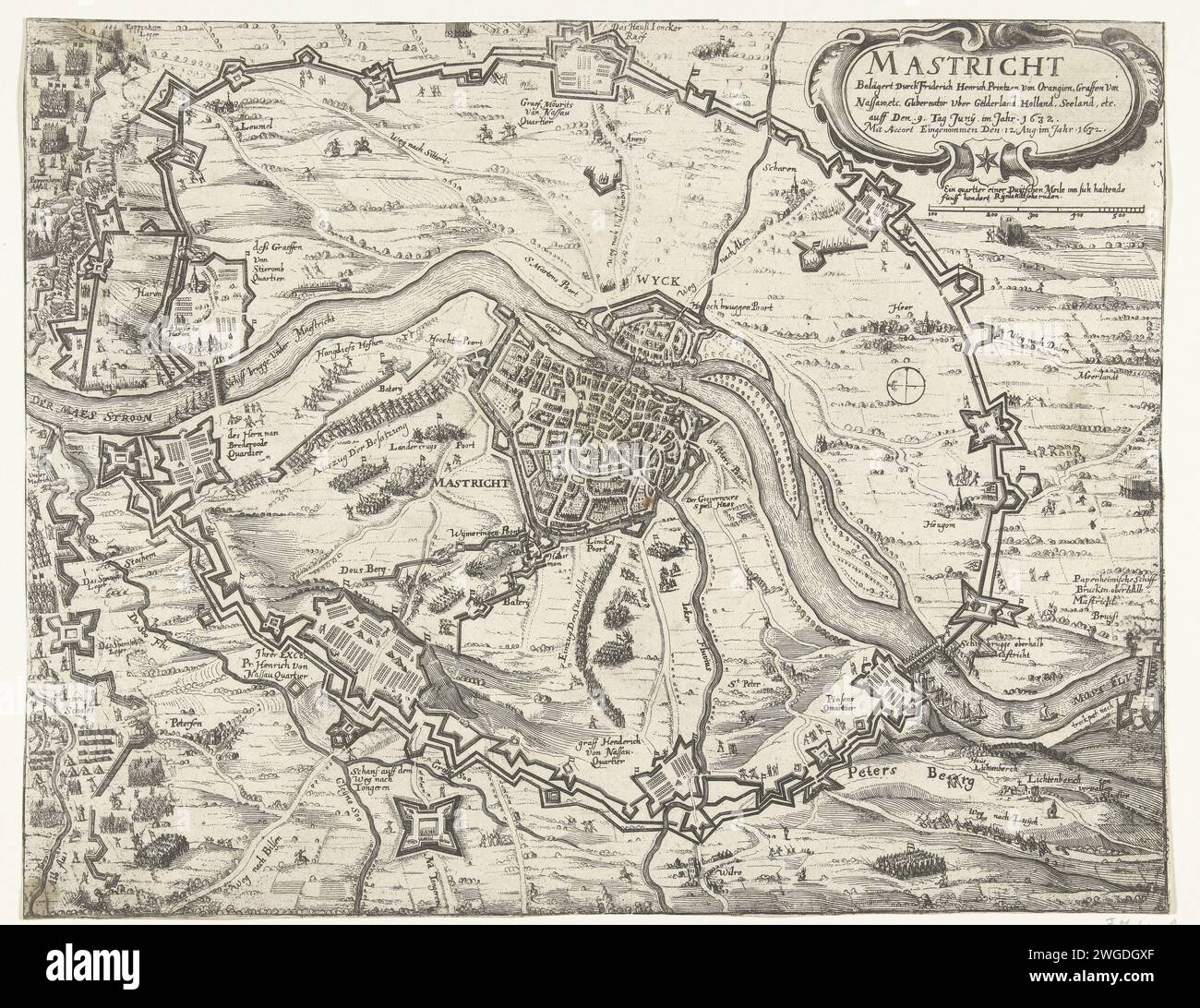 Maastricht belagert von Frederik Hendrik, 1632, 1632 Druckkarte der Belagerung Maastrichts durch die Staatsarmee unter Stadholder Frederik Hendrik, 9. Juni bis 21. August 1632. Die Stadt mit den verschiedenen Armeelagern der Belagerer. Auf der linken Seite der Stadt der Exodus der Besatzer, am Ende der Ankunft der Staatsarmee. Mit Inschriften in der Aufführung in deutscher Sprache. Druckerei: Deutschland nach Druck von: Amsterdam Papier Ätzen Karten von verschiedenen Ländern oder Regionen. Stadtpläne. Belagerung, Position Krieg Maastricht Stockfoto
