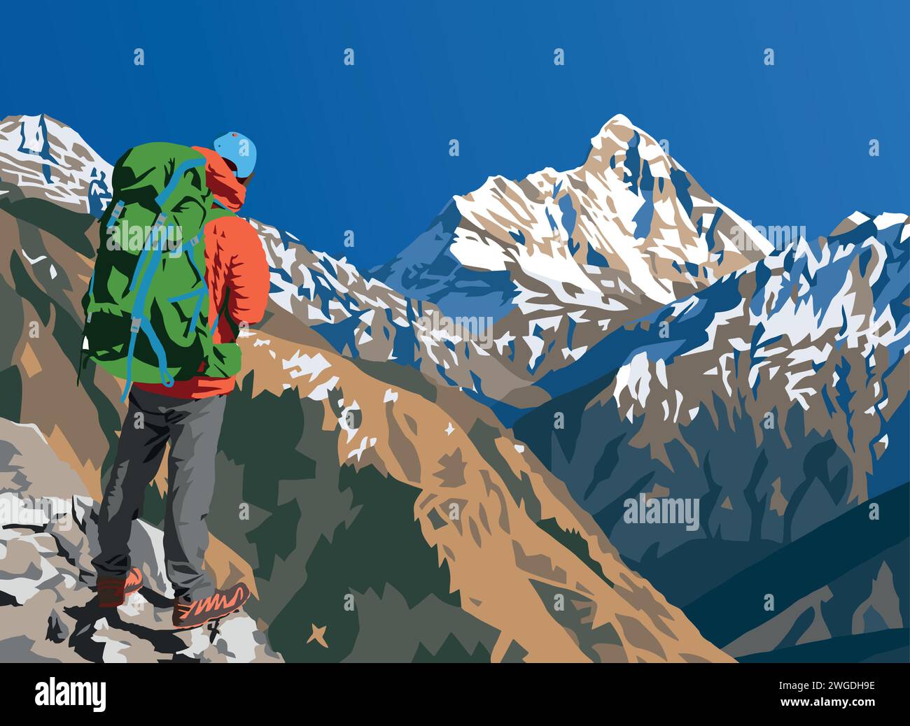 Mount Nanda Devi Vektor Illustration mit Wanderer, einer der besten Berge im indischen Himalaya, gesehen von Joshimath Auli, Uttarakhand, Indien, Indischer Hima Stock Vektor