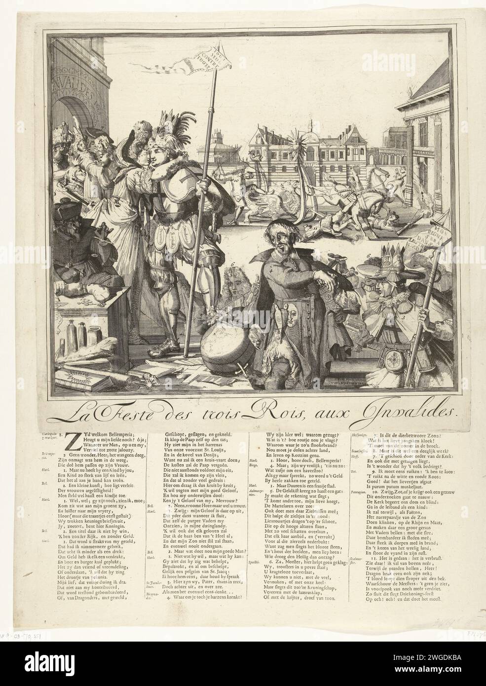 Cartoon auf dem Flug von Jacobus II. Nach Franrkijk, 1689 (Kopie), 1689 Print Cartoon auf dem Flug von Jacobus II. Nach Frankreich und seine Ankunft dort am Epiphany (6. Januar) 1689. König Ludwig XI. Umarmt Maria van Modena, die mit dem armen Kind angekommen ist. Vor rechts König Jakobus II. In Kleidung mit Jacobsschelpen verziert. In der Mitte der Jesuitenvater Peters (Edward Petre) mit einer päpstlichen Krone unter seinem Mantel. Im Hintergrund fällt der Dauphin von einem von Pferden gezogenen Schlitten. Unter der Abbildung ist ein Vers in 4 Spalten mit einer Aussage der Zahlen 1-11 in Niederländisch gezeigt. Anonyme Kopie auf den Originaldruck b Stockfoto