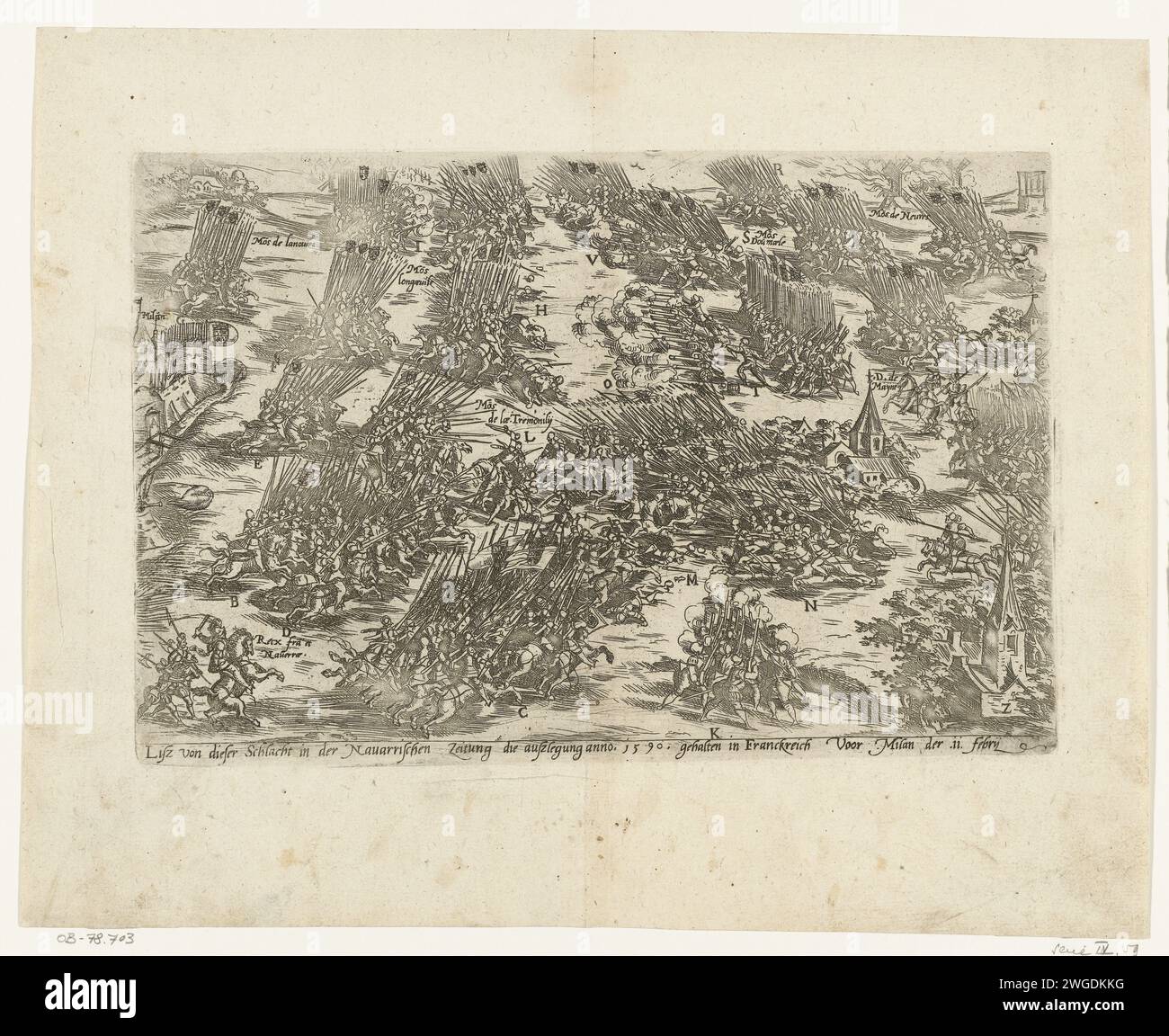 Schlacht bei Dieppe, 1590, 1590 - 1592 Druck Schlacht bei Dieppe, 11. Februar 1590. Unten links der französische König Heinrich IV., zu Pferd. Der Ort der Schlacht wird in der Überschrift als: Für Mailand bezeichnet. Mit der Unterschrift 1 Regel in Deutsch, in der auf die Navarrischen Zeitung Bezug genommen wird, um Einzelheiten über diese Schlacht zu erfahren. Nicht Nummeriert. Papierkampf, Kampf im Allgemeinen Dieppe Stockfoto