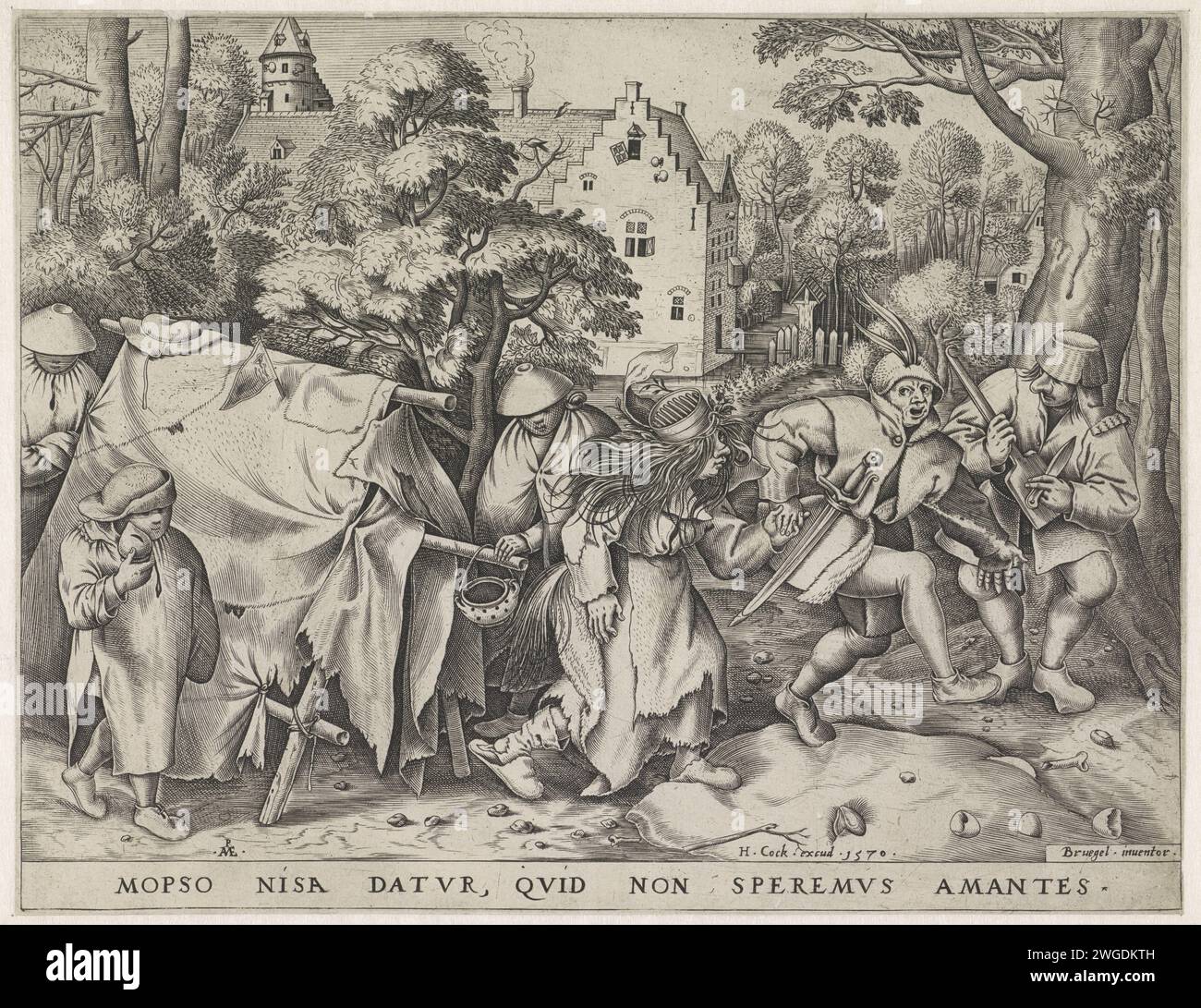 Schmutzige Braut oder die Hochzeit von Mopsus und Nisa, Pieter van der Heyden, nachdem Pieter Bruegel (I), 1570 Druck Mopsus, der Bräutigam mit Federn auf dem Hut, seine harte Braut Nisa in einem ragless Zelt abholt. Ein kleiner Junge läuft neben dem Zelt mit einer Schweinebank in der Hand. Rechts ein Musiker mit einem Korb als Hut auf dem Kopf, der mit einem Messer und einer Kohleschaufel Musik macht. Im Hintergrund ein Schloss mit Graben zwischen den Bäumen. Unter der Aufführung eine Unterschrift in lateinischer Sprache. Antwerpener Papiergravur-Komödie. Tanzen beim Hochzeitsfest. Zelt Stockfoto