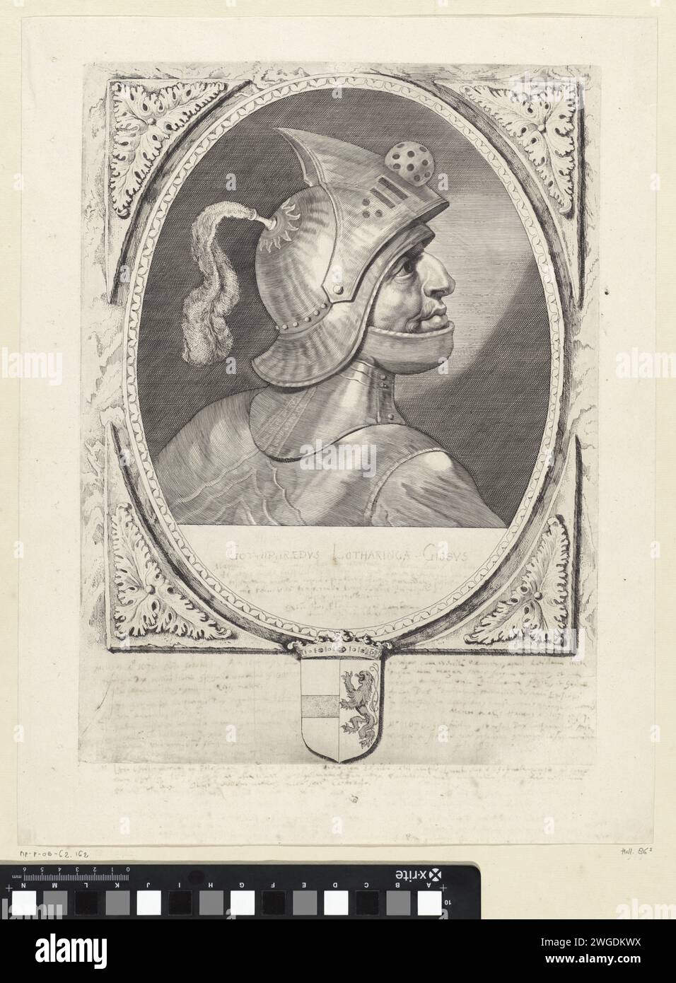 Porträt von Godfried III. Mit de Bult, Cornelis Visscher (II), 1650 Druck Godfried III. Mit der Beule, Herzog von Unterlothringen. Er trägt einen Helm und ist im Profil dargestellt. Der Rahmen ist mit dem Wapen van Holland verziert. Haarlem Papier Gravur / Ätzhelm. Rüstung Stockfoto