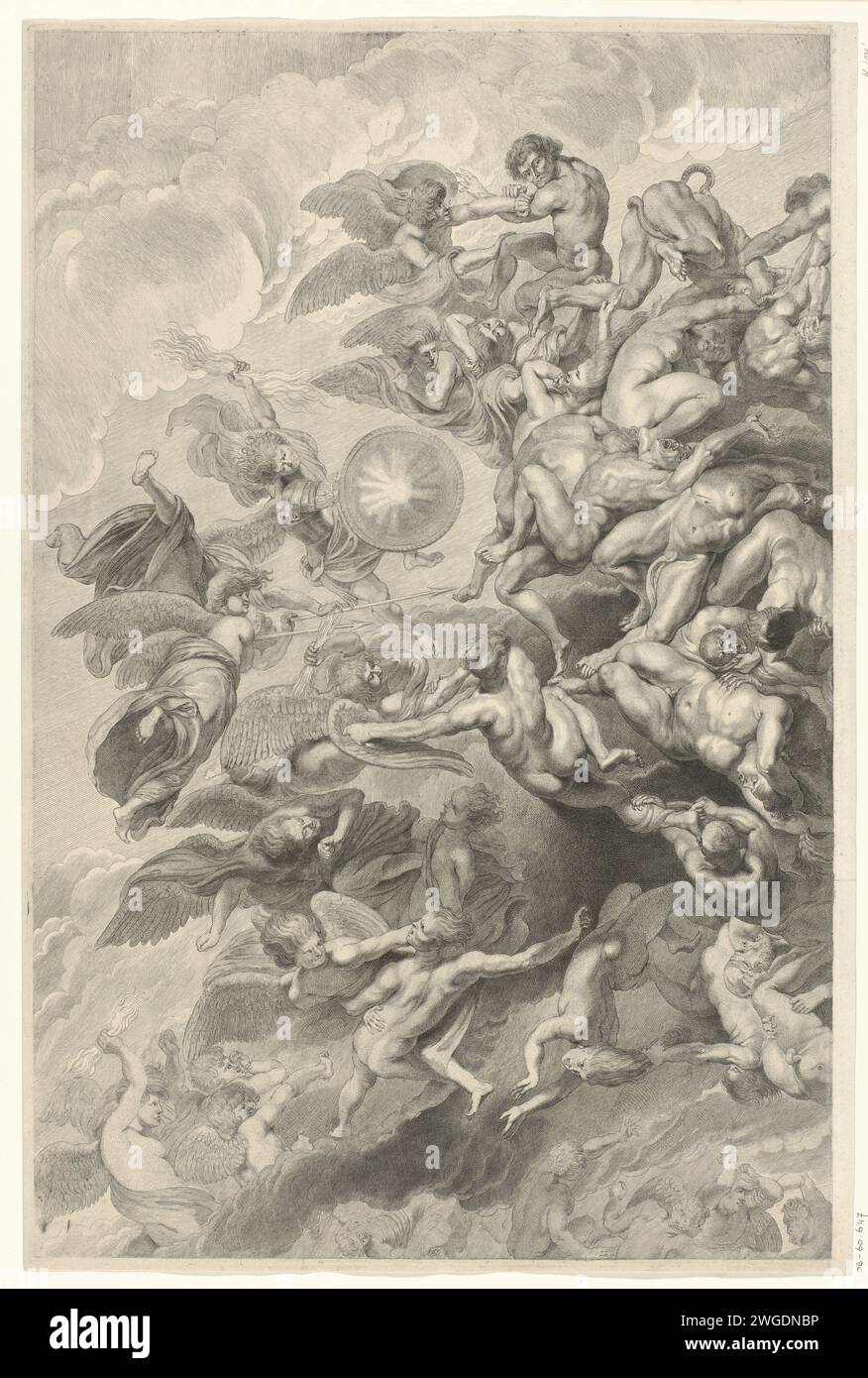 Der Fall der Verdammten (obere Platte), Jonas Suyderhoef, nach Peter Paul Rubens, 1642 Druck Engel werfen die Verdammten in die Hölle. Obere Platte einer großen Leistung, die aus zwei Teilen besteht. Haarlem Papier, das den Fall des Verdammten  das letzte Gericht graviert Stockfoto