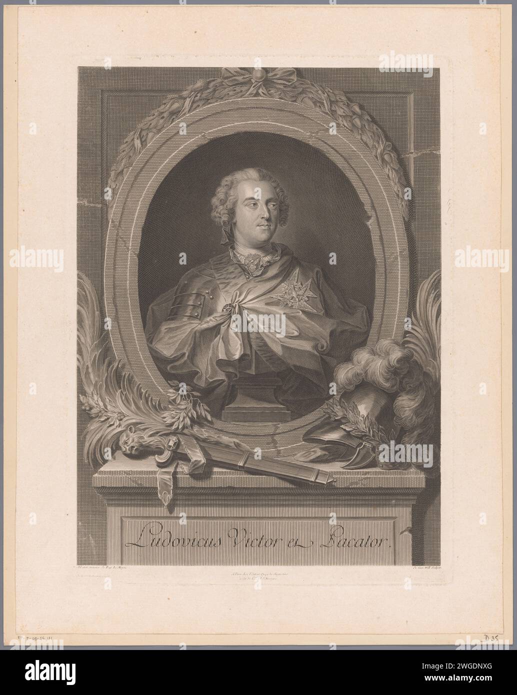 Porträt von Ludwig XV., König von Frankreich, Johann Georg Wille, nach Jean Baptiste Lemoyne (II), nach Johann Kaspar Heilmann, 1738 Druckgraphiker: Franzepublisher: Pariser Papierstich historischer Personen Stockfoto