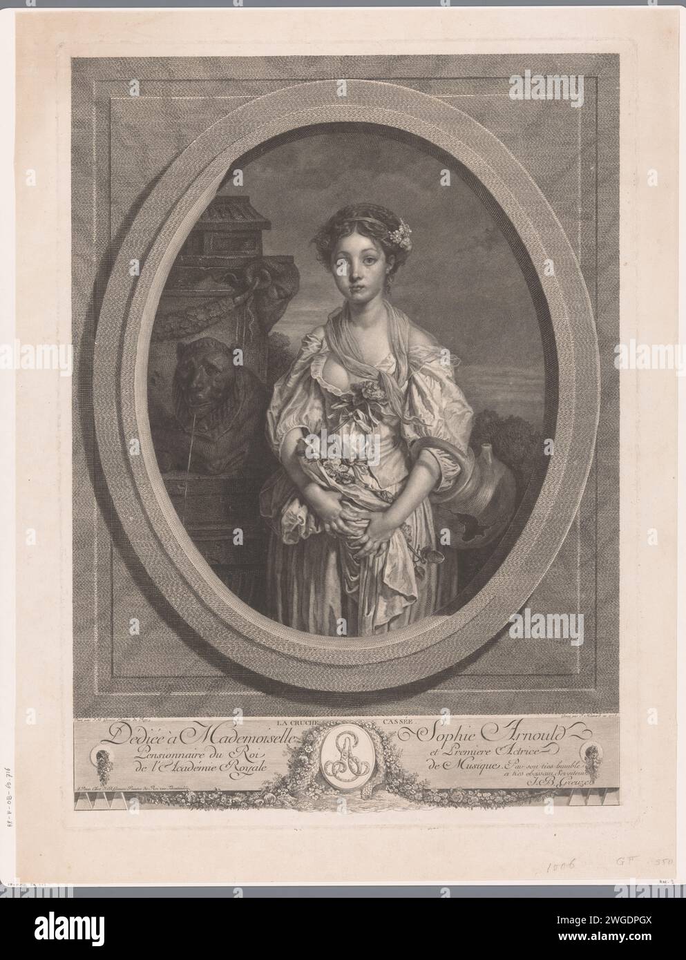 Junge Frau mit gebrochener Vase an einem Brunnen, Jean Massard, nach Jean-Baptiste Greuze, 1773 Druck Paris Papiergravur / Ätzung Jugendliche, junge Frau, Jungfrau. Entleerung, Jungfräulichkeitsverlust (und Symbole). Behälter mit Keramik: Glas, Kanne, Topf, Vase Stockfoto