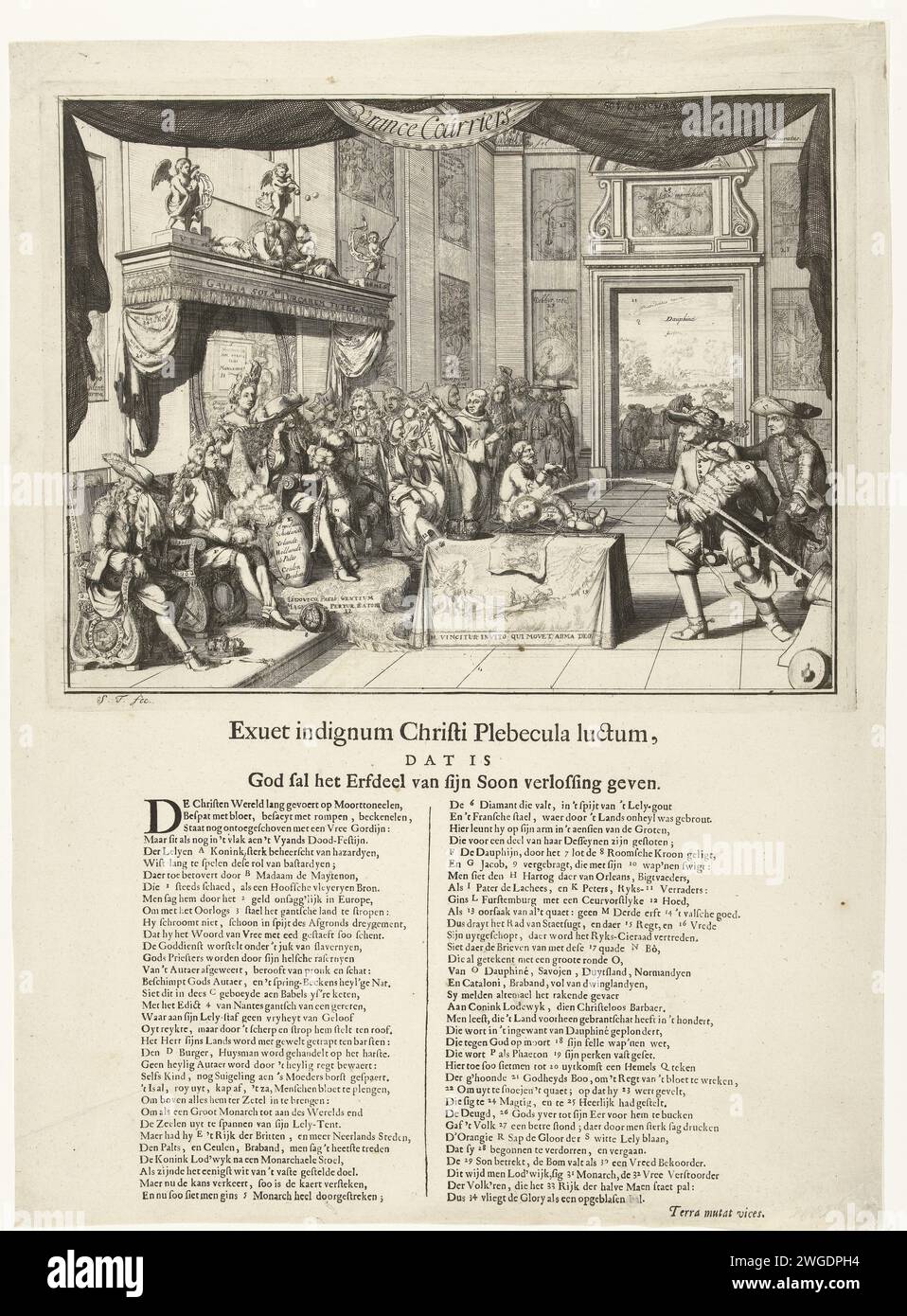 Cartoon on the traurige State of France unter der Herrschaft Ludwigs XIV, 1692, 1692 Print Cartoon on the traurige State of France unter der Herrschaft von König Ludwig XIV, 1692. Ludwig XIV. Sitzt traurig auf seinem Thron im Thronsaal. Links steht der schreiende Jacobus II. Und der Grand Dauphin, hinter dem König steht seine Frau Madame de Maintenon. Rechts zwei Jesuiten, darunter Pater Peters, Wilhelm Egon von Fürstenberg und andere. Auf einem Tisch in der Mitte ein Teppich mit phaëthon im Solarauto, Krone und einem Druck aus der Schlacht von Kap La Hogue. Am Boden ein faszinierter protestantischer Gefangener. Eine Kugel wird abgefeuert Stockfoto