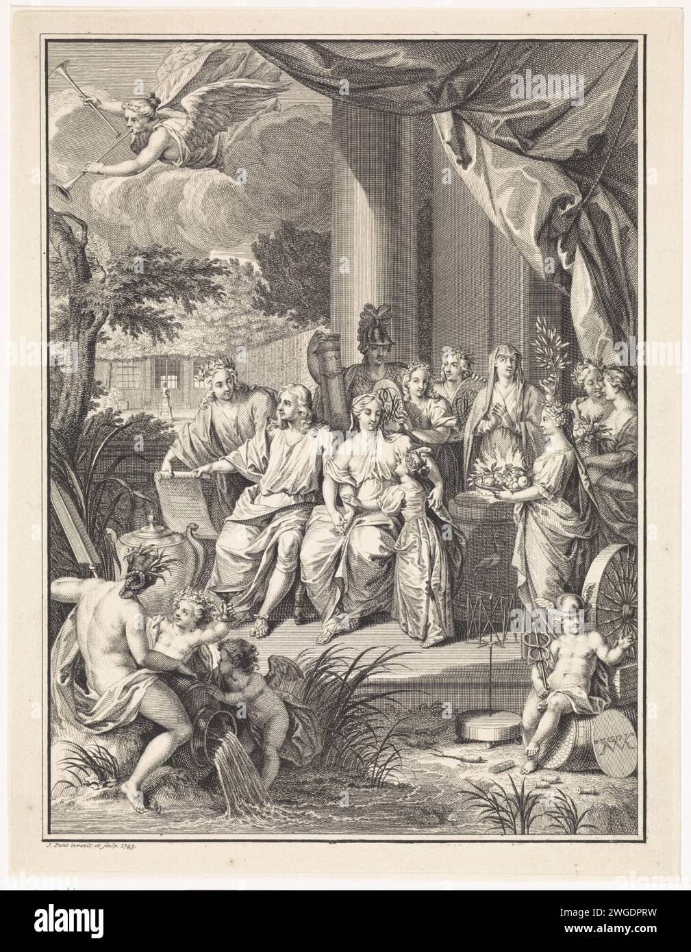 Allegorische Darstellung anlässlich der silbernen Hochzeit von Willem Philip Kops und Johanna de Vos, Jan Punt, 1745 Druck allegorische Darstellung anlässlich der silbernen Hochzeit von Willem Philip Kops und Johanna de Vos, am 22. September 1745. Das Liebespaar, umgeben von allegorischen Figuren, steht vor einem Tempel. Zwei Frauen halten das Wappen mit den Initialen der Ehepartner. Gholatics ist am Altar, mit gefalteten Händen im Gebet. Standhaftigkeit hält ihre Säule, sie ist markiert: XXV. Links im Vordergrund ein Flussgott mit Putti und rechts ein Putto mit dem AT Stockfoto