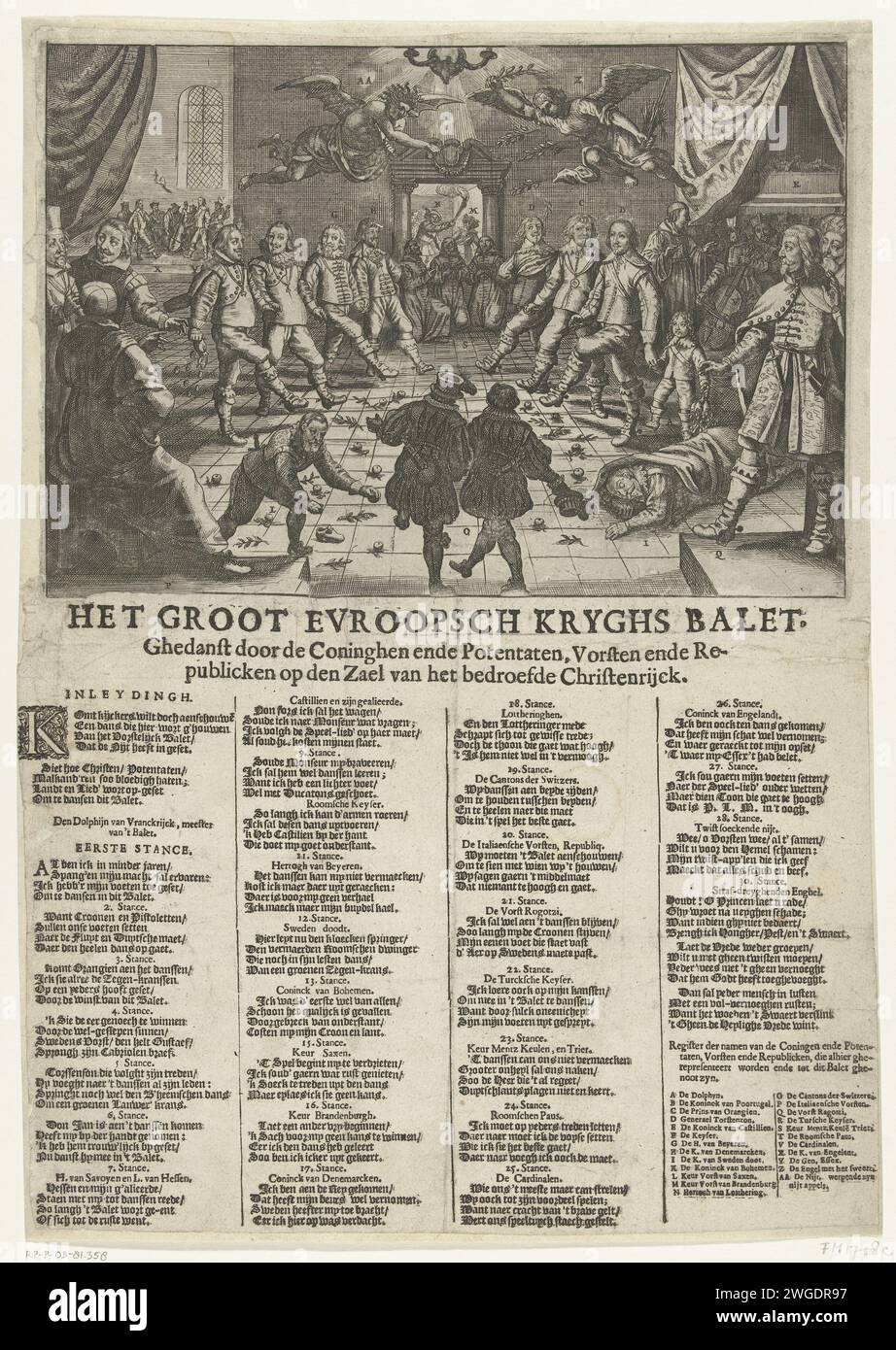 Cartoon über die Friedensverhandlungen mit Spanien, 1632, 1632 Print Cartoon über die Friedensverhandlungen mit Spanien, 1632. Balzaal, in dem die europäischen Prinzen zusammen tanzen. Auf dem Boden sind Olivenzweige und Streitigkeiten, verstreut durch den Frieden und den Neid, der in der Luft fliegt. Rechts der französische König Ludwig XIII. Mit dem Dauphin, Prinz Frederik Hendrik und dem schwedischen General Torstenson (Banier), links der spanische König Philipp IV., Kaiser Ferdinand II., Herzog von Bayern und Kardinal-Kleinkind Ferdinand von Österreich. Im Vordergrund stehen die Herzöge von Venedig, Florenz und Genua sowie der V. Stockfoto