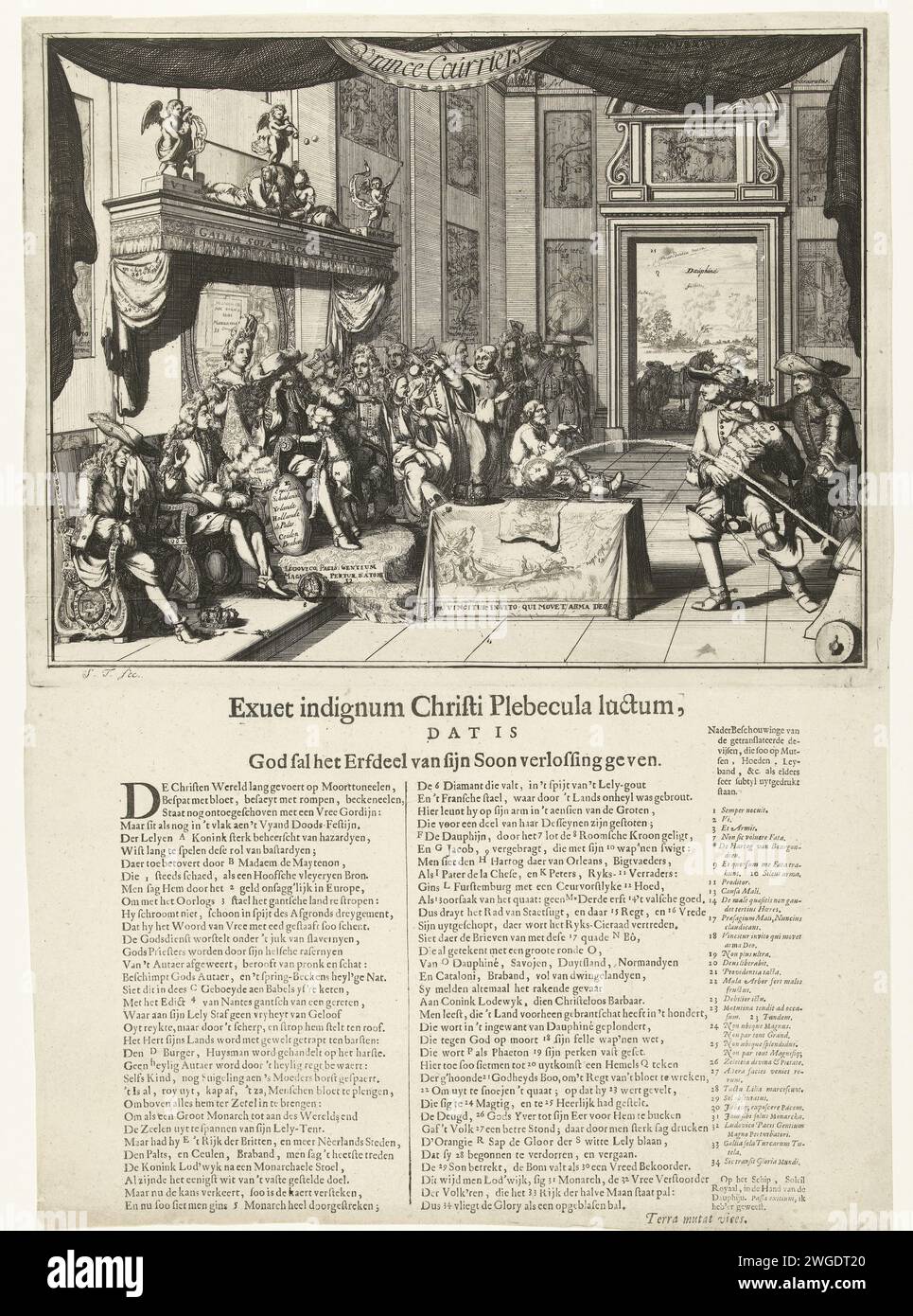 Cartoon on the traurige State of France unter der Herrschaft Ludwigs XIV, 1692, 1692 Print Cartoon on the traurige State of France unter der Herrschaft von König Ludwig XIV, 1692. Ludwig XIV. Sitzt traurig auf seinem Thron im Thronsaal. Links steht der schreiende Jacobus II. Und der Grand Dauphin, hinter dem König steht seine Frau Madame de Maintenon. Rechts zwei Jesuiten, darunter Pater Peters, Wilhelm Egon von Fürstenberg und andere. Auf einem Tisch in der Mitte ein Teppich mit phaëthon im Solarauto, Krone und einem Druck aus der Schlacht von Kap La Hogue. Am Boden ein faszinierter protestantischer Gefangener. Eine Kugel wird abgefeuert Stockfoto