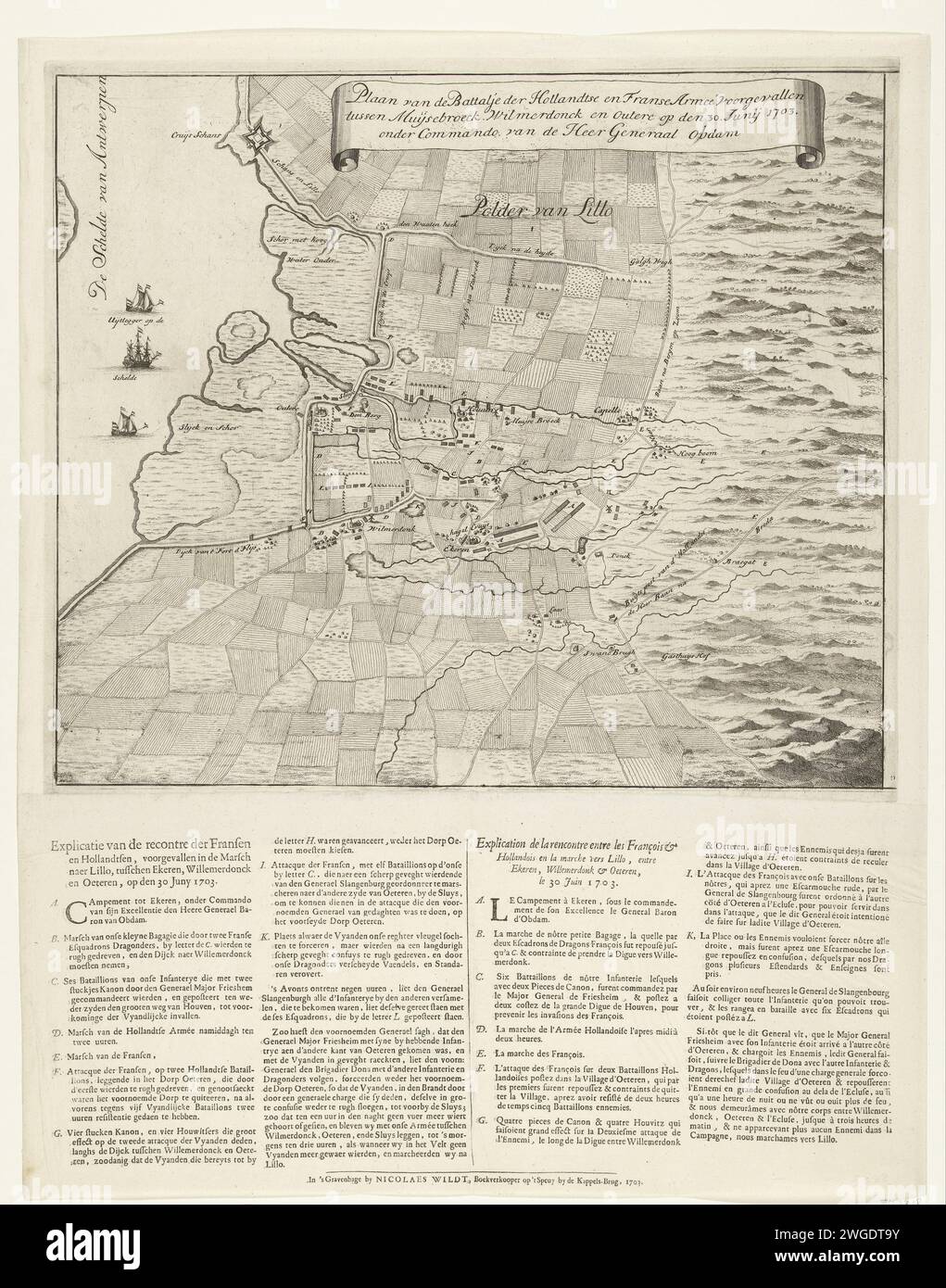 Karte der Schlacht bei Ekeren, 1703, 1703 Drucken Karte der Schlacht bei Ekeren an der Schelde zwischen den niederländischen Truppen unter Jacob II. Van Wassenaer Obdam und den Franzosen, 30. Juni 1703. Unter dem Druck ein Textblatt mit Legende und kurzer Beschreibung des Kampfverlaufs in 4 Spalten in Niederländisch und Französisch. Druckerei: Nordniederländische Spublisher: Die Haager Papierätzung / Buchdruck Karten von verschiedenen Ländern oder Regionen. Schlacht (+ Landstreitkräfte) Ekeren. Waagen Stockfoto