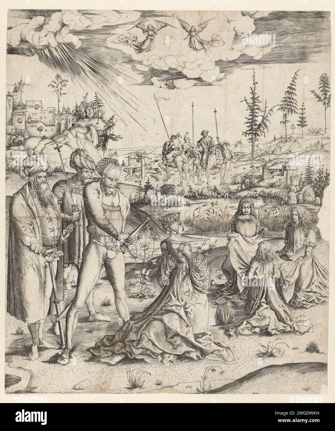 Das Martyrium der Heiligen Catharina, Monogrammist MZ, 1500 - 1503 Druck die heilige Catharina kniet auf dem Boden. Ein Henker zieht sein Schwert, um sie zu enthaupten. Hinter ihm sind zwei andere Männer, mit Tulpenreifen auf dem Kopf. Für Catharina sind drei engelhafte Wesen mit einem großen Laken bereit, ihren Kopf zu fangen. Zwei Festungen im Hintergrund und das Rad, das durch einen Blitz zerstört wurde, bevor Catharina daran gefoltert werden konnte. Deutschland Papierstich St.. Katharina von Alexandria wird enthauptet Stockfoto