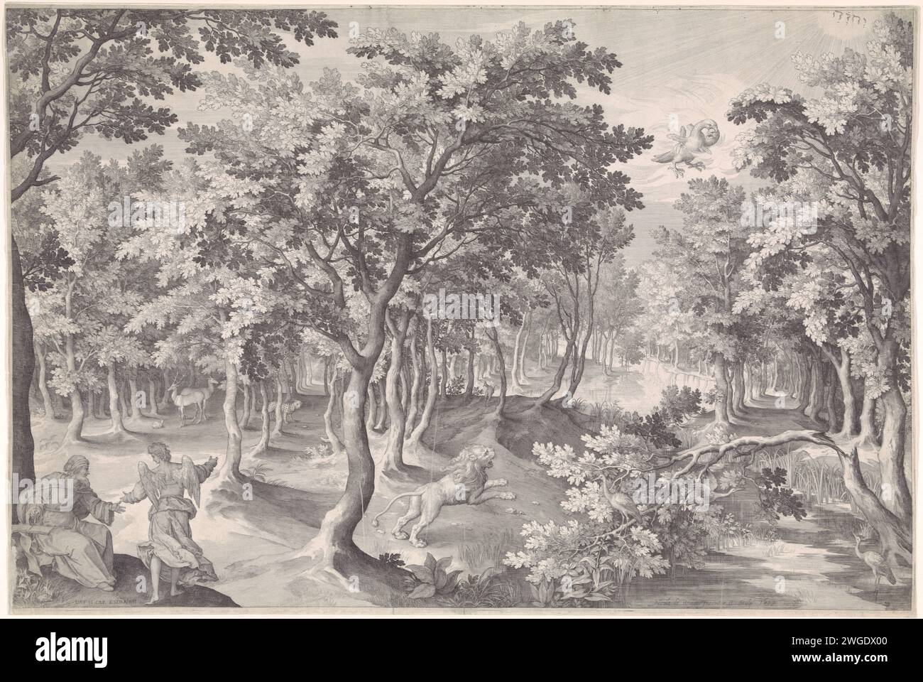 Die fünfte Vision von Esra, Nicolaes de Bruyn, 1613 drucken die fünfte Vision von Esra. In einem Haufen brüllt ein Löwe in den Himmel, wo sich ein brennender Adler mit drei Köpfen verschlingt. Links im Vordergrund erklärt ein Engel dem Propheten Esra (2 Esra) die Vision. In der oberen rechten Ecke das Tetragramm als Symbol für Gott den Vater. Antwerpener Papiergravur Ezras Vision vom Adler und Löwen (2 Esdras 11-12) (+ Engel). Esras Vision des Adlers und des Löwen (2 Esdras 11-12) (+ Gott der Vater in Form des Lichts). Tetragramm (in römischer oder hebräischer Schrift)  Symbol Gottes Vater Stockfoto