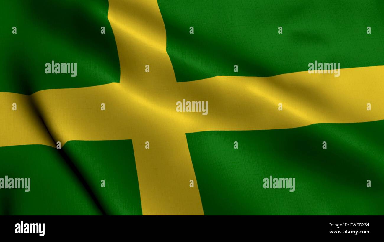 Die Provinz Oland Flag Schweden. Gewelltes Gewebe Satin Textur Flagge von Oland 3D Illustration. Echte Texturflagge des Oland, schwedische Flaggen. Stockfoto