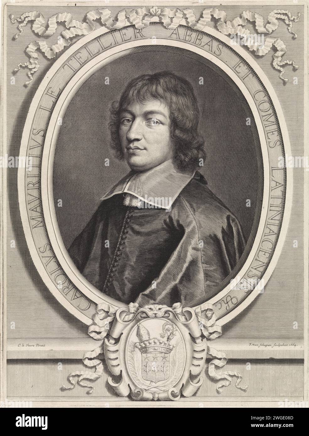 Porträt von Charles-Maurice Le Tellier, Abt van Lagny, Pieter van Schuppen, nach Claude Lefèbvre, 1664 Druck Pariser Papierstich Stockfoto