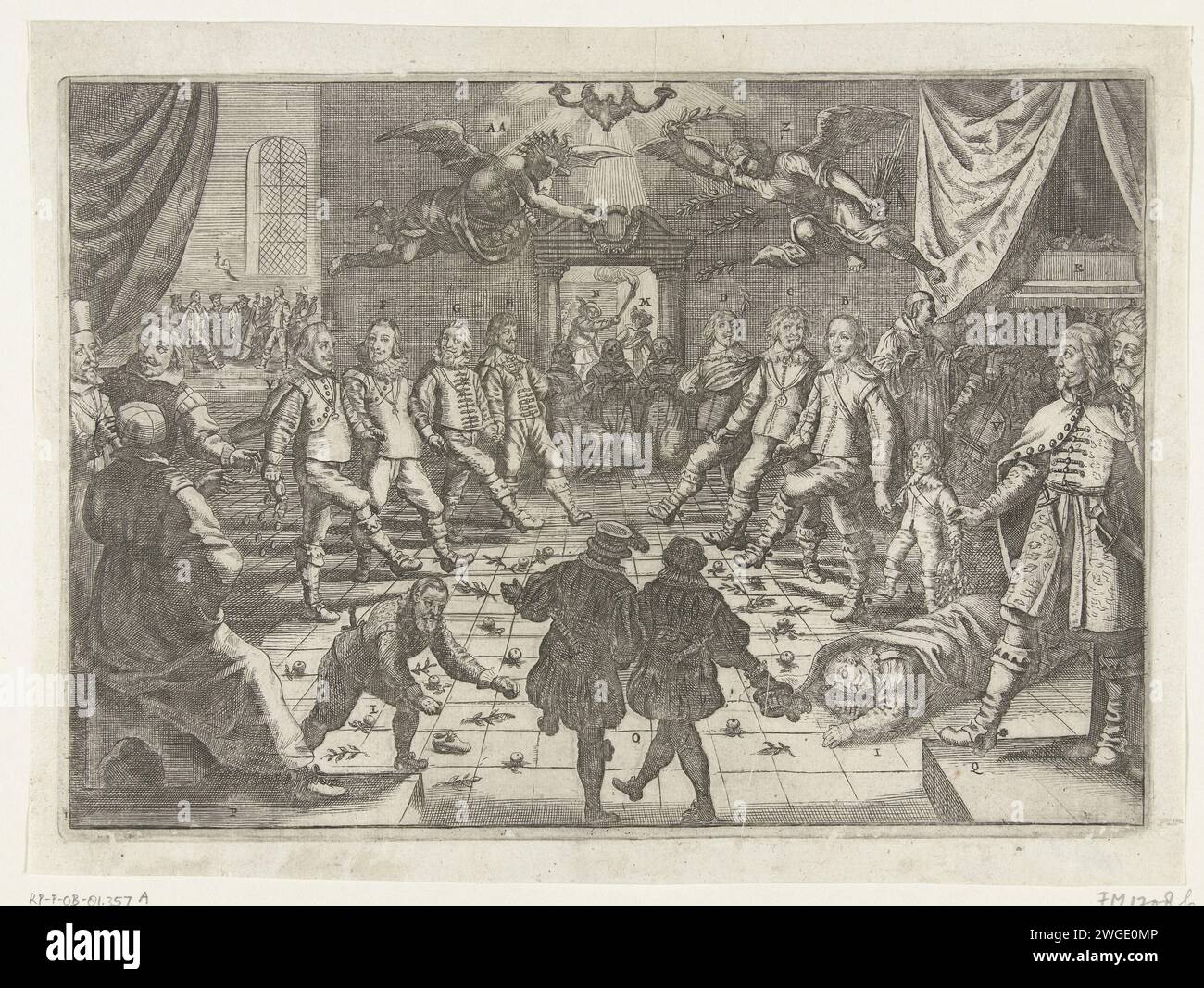 Cartoon über die Friedensverhandlungen mit Spanien, 1632, 1632 Print Cartoon über die Friedensverhandlungen mit Spanien, 1632. Balzaal, in dem die europäischen Prinzen zusammen tanzen. Auf dem Boden sind Olivenzweige und Streitigkeiten, verstreut durch den Frieden und den Neid, der in der Luft fliegt. Rechts der französische König Ludwig XIII. Mit dem Dauphin, Prinz Frederik Hendrik und dem schwedischen General Torstenson (Banier), links der spanische König Philipp IV., Kaiser Ferdinand II., Herzog von Bayern und Kardinal-Kleinkind Ferdinand von Österreich. Im Vordergrund stehen die Herzöge von Venedig, Florenz und Genua sowie der V. Stockfoto