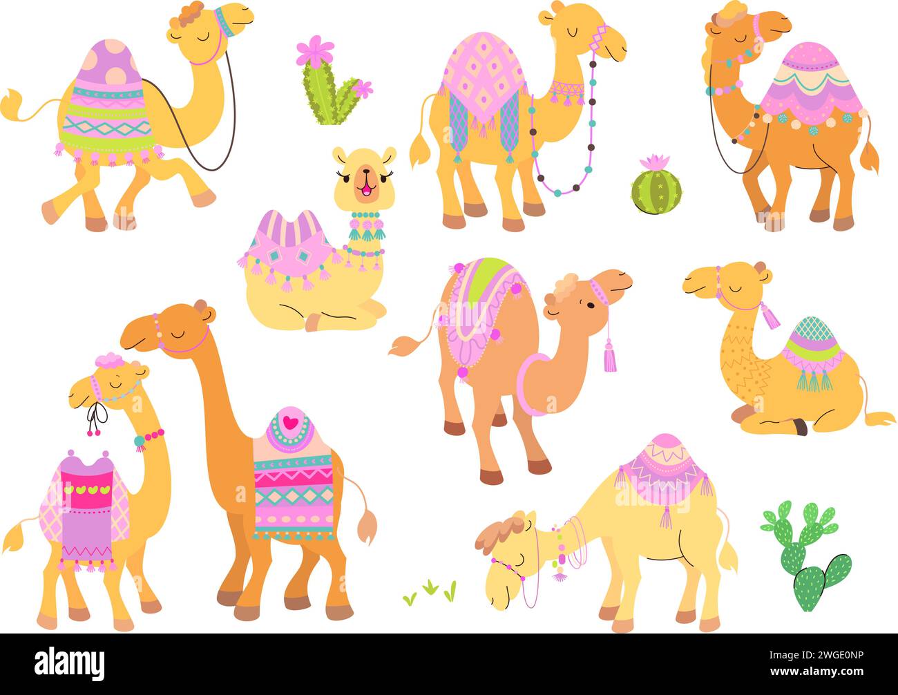 Camels Charaktere Zeichentrickset. Wüstentiere, lustiges Kamel mit Teppich und Sattel. Arabisches Tier, Kinder süße heutzutage Vektor-Sammlung Stock Vektor
