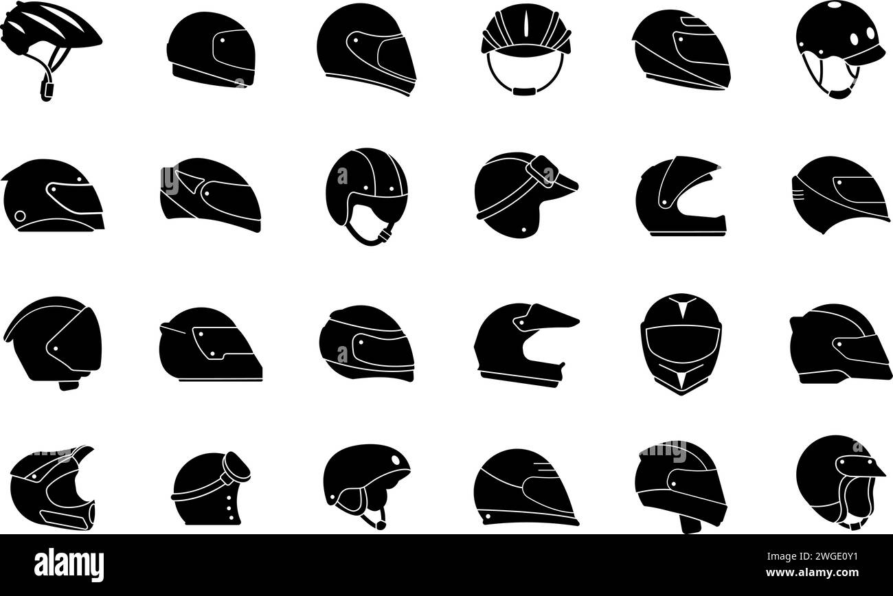 Symbole für schwarze Helme. Fahrradhelm, Motorrad- oder Fahrradfahrerzubehör. Schutzhut, Rennkopfbekleidung Ausrüstung anständige Vektor-Silhouetten Stock Vektor
