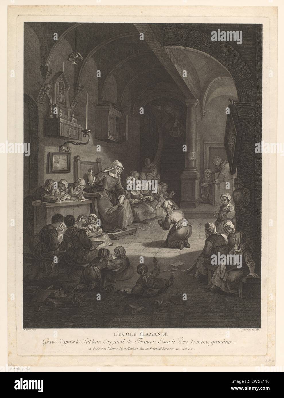 Klassenzimmer mit Lehrer, der Schüler, Jean Ouvrier, nach Francois Forderungen, 1735 - 1784 Druck Paris Papier Radierung / Gravur Strafe in der Schule Stockfoto