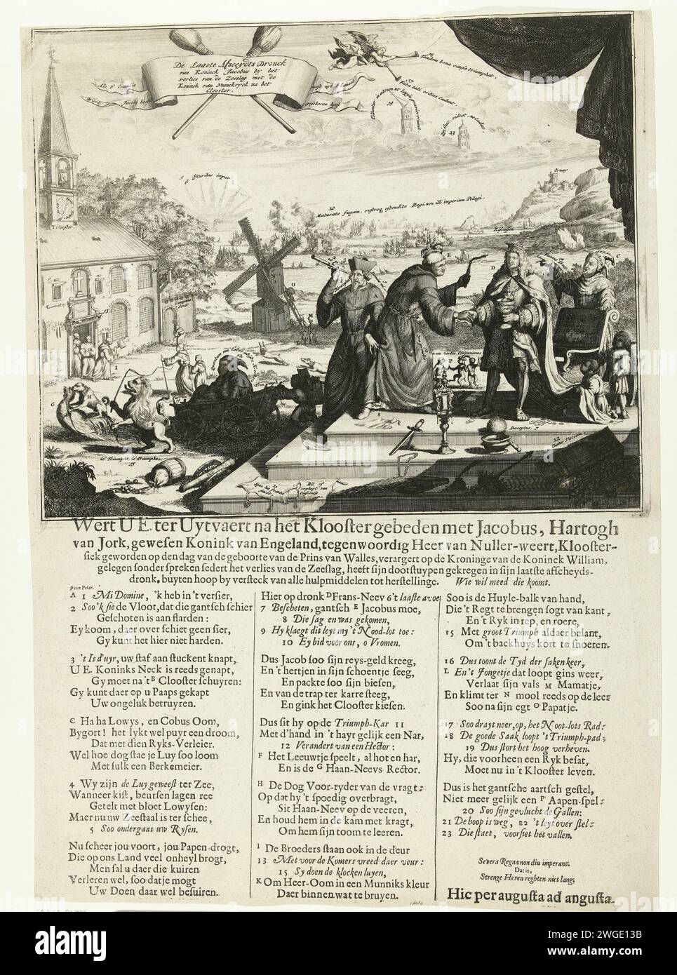 Cartoon on Jacobus II After the Loss at Cape La Hogue, 1692, 1692 Print Cartoon on the English King Jacobus II. Nach dem Sieg der Niederländer und Engländer über die Franzosen in der Schlacht von Kap La Hogue im Kanal, 29. Mai bis 3. Juni 1692, und auf seine Absicht, das Kloster zu betreten. Jacobus als Mönch mit gebrochener Krone und gebrochenem Zepter verabschiedet sich von König Ludwig XIV. Mit einem Abschiedsdrink. Hinter dem König und Jesuiten mit Fernglas. Links das Kloster, außerdem eine Windmühle, ein Mönch, der vom französischen Hahn in einen Wagen gezogen wurde, tanzende Affen usw. im Hintergrund die Seeschlacht. O Stockfoto