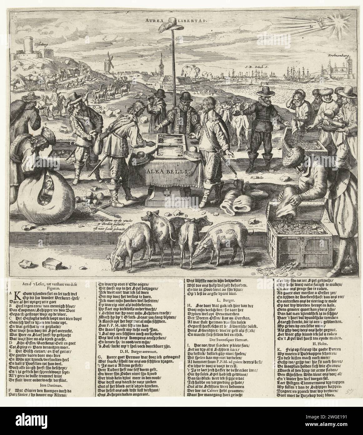 The Game of war (Allegory on the Nordic war), Crispijn de Passe II (1594–1670), Engraving, 1656, 1656 Print Cartoon on the Northern war, 1656. Der Schwede und der Däne spielen ein Trickspiel an einem Tisch, um alle möglichen anderen Figuren und die Lanze mit der Haube Aurea Libertas. Rechts der niederländische Seemann, der Geld in eine flache Schatzkammer wirft, im Vordergrund Schweine, die auf die Schlachtung warten oder nach Schweden gebracht werden sollen. Links der Raub und die Entfernung von Kriegsbeute. Im Hintergrund Kriegsschiffe, Schloss Kronborg und die Hand Gottes von einem Kometen. Hängte ein Blatt mit Text in 4 Spalten unter dem ein Stockfoto