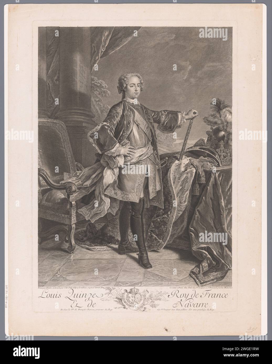 Porträt von Lodewijk XV, Gille Edme Petit, nach Louis Michel van Loo, 1729 - 1755 Druck Paris Papierstich / Gravur historischer Personen. king Stockfoto